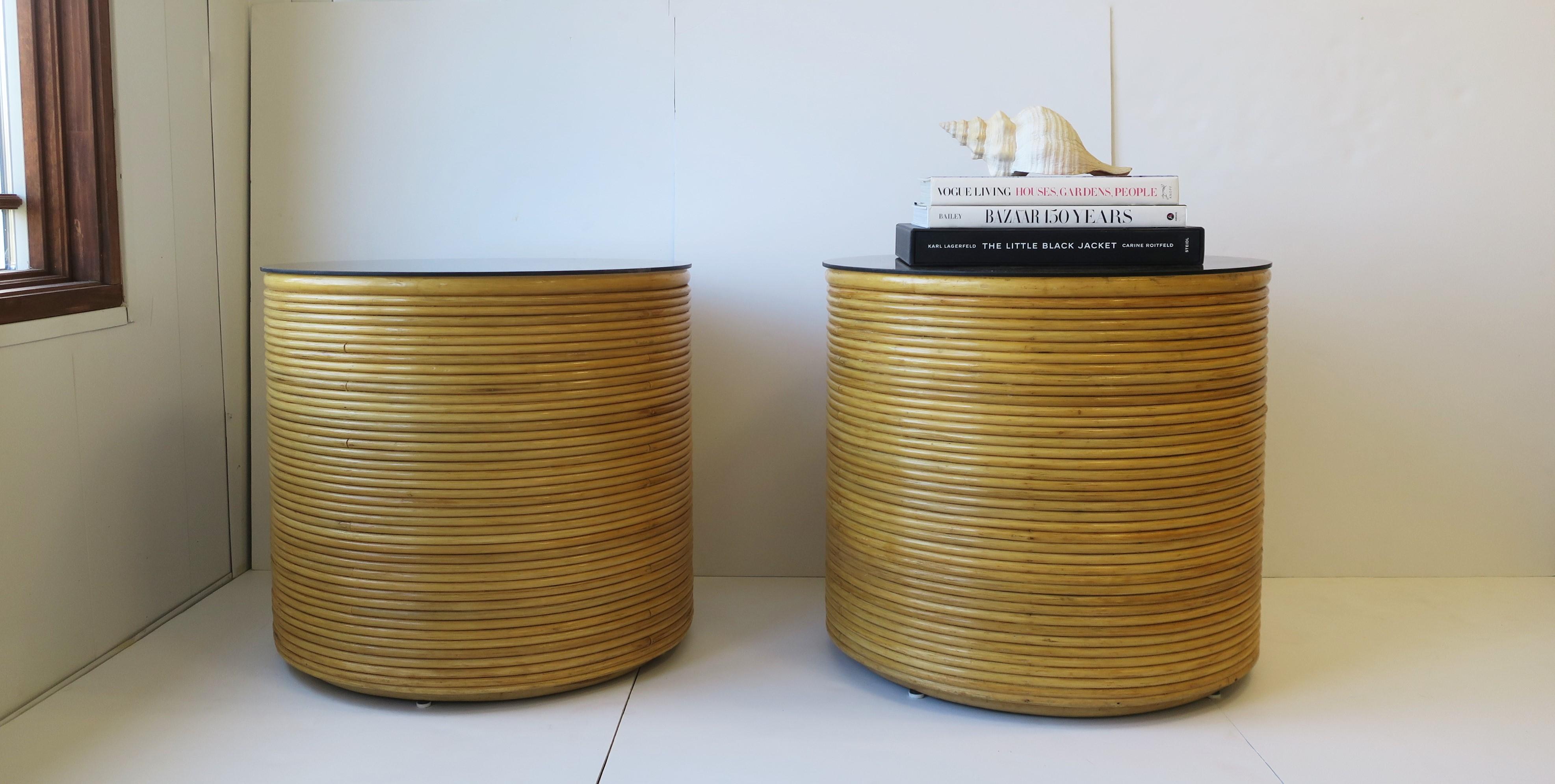 Wicker Rattan Round Pedestal End Tables, Pair 3