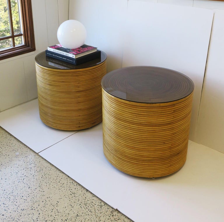Wicker Rattan Round Pedestal End Tables, Pair at 1stDibs