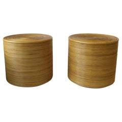 Wicker Rattan and Glass Pedestal End Tables, Pair