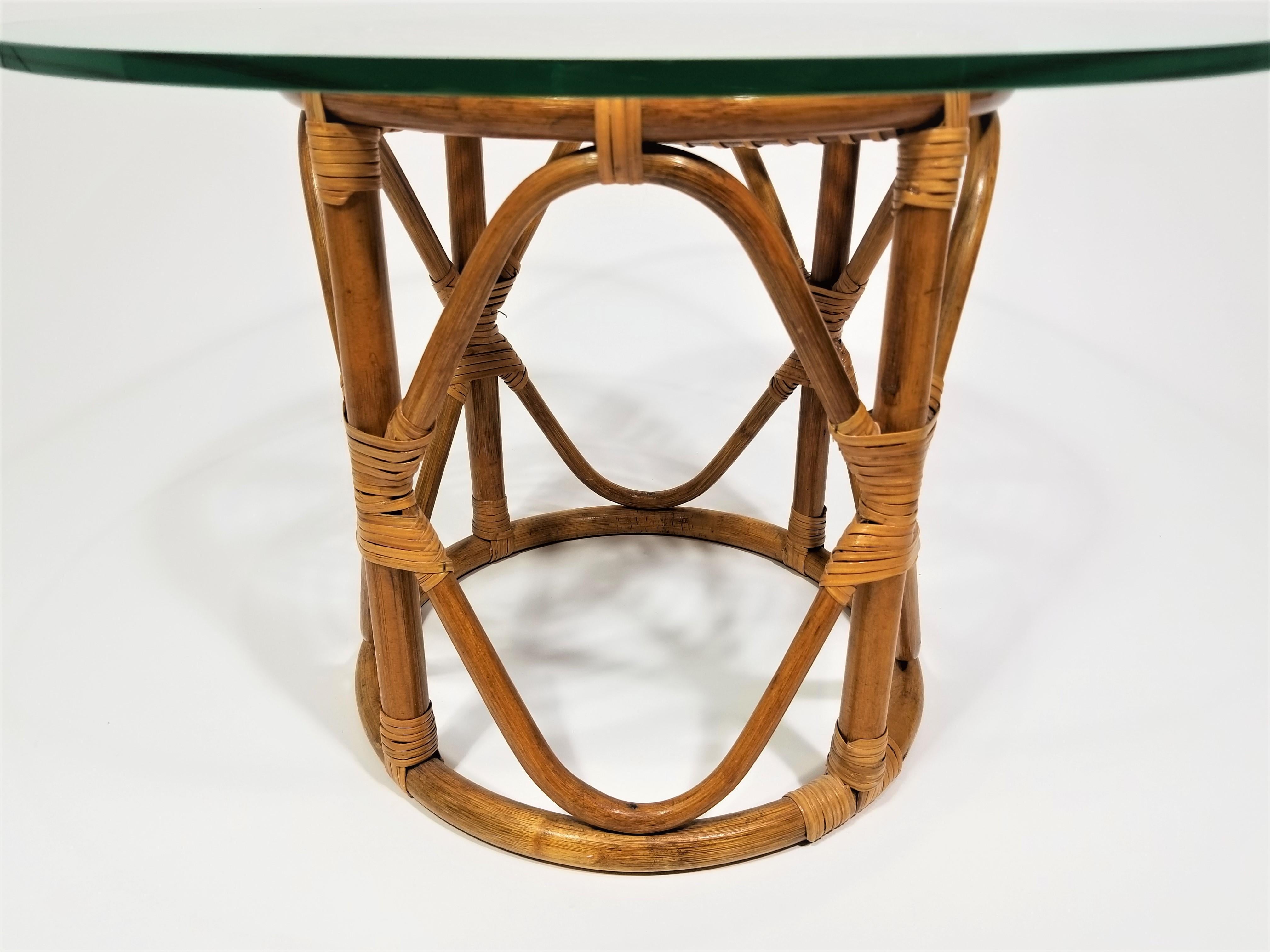 Rattan and Glass Top Table Mid Century, 1970s For Sale 4