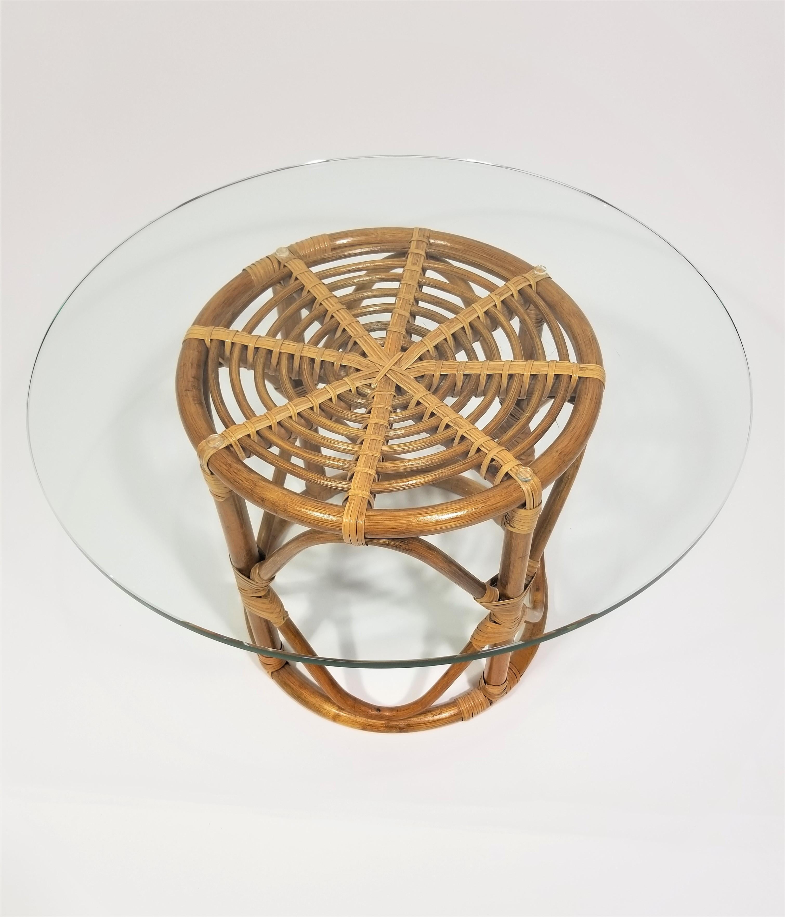 Rattan and Glass Top Table Mid Century, 1970s For Sale 5