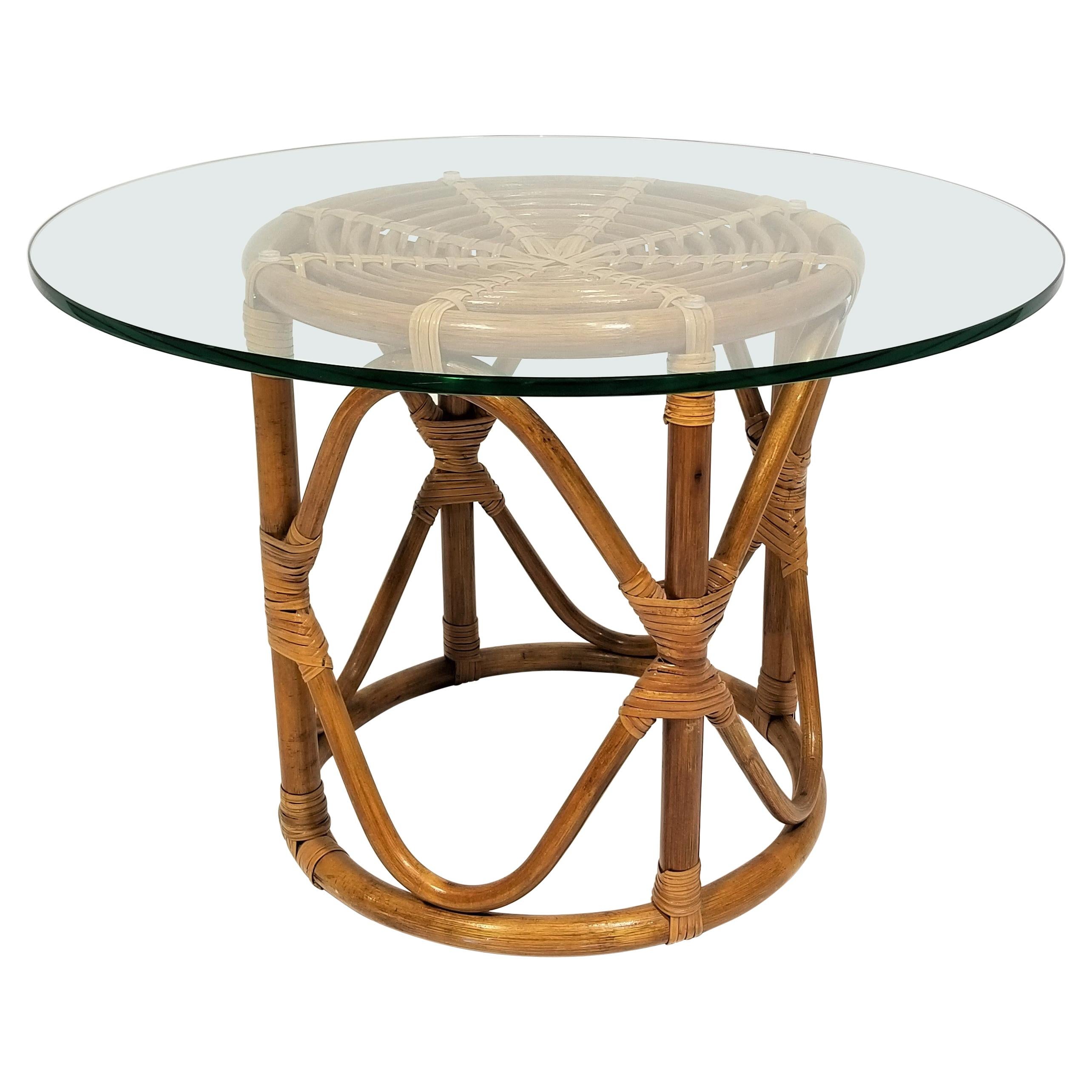 Rattan and Glass Top Table Mid Century, 1970s For Sale