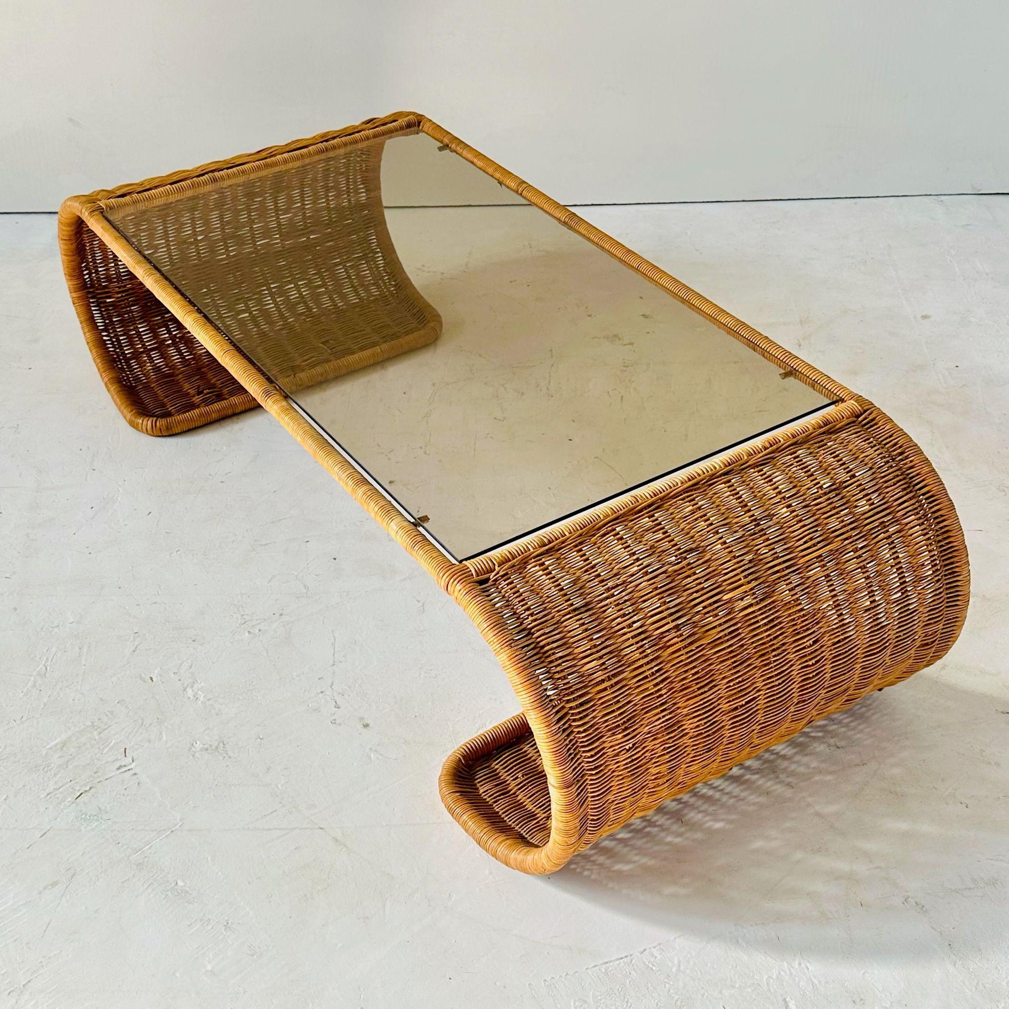 Post-Modern Rattan and Glass Waterfall Coffee/Cocktail Table, 1970 For Sale
