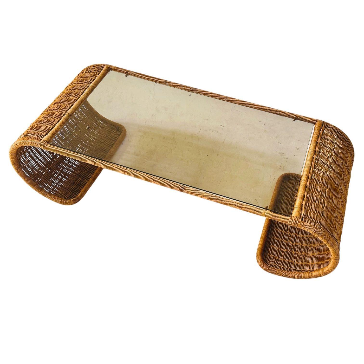 American Rattan and Glass Waterfall Coffee/Cocktail Table, 1970 For Sale