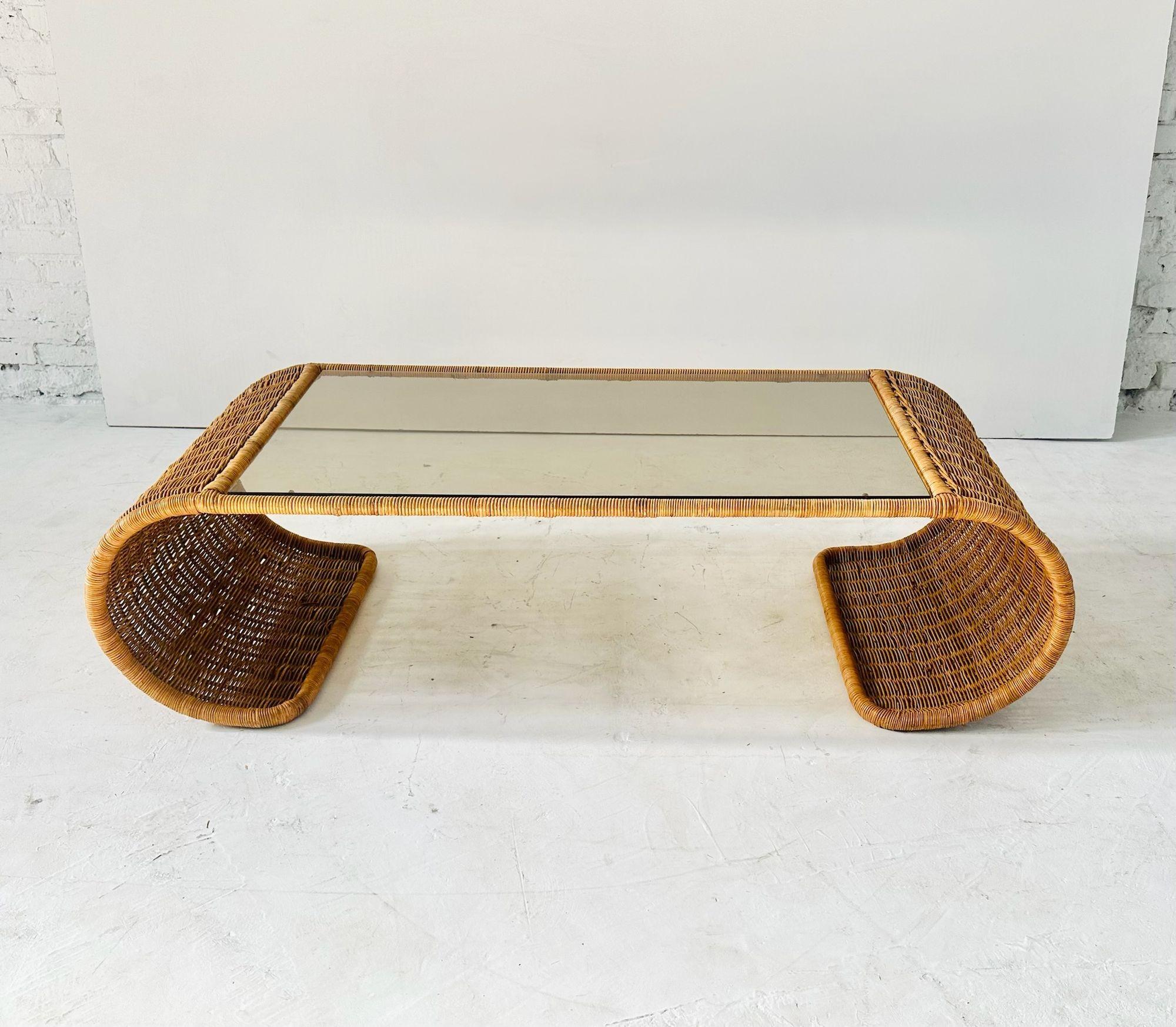 Rattan and Glass Waterfall Coffee/Cocktail Table, 1970 In Good Condition For Sale In Chicago, IL