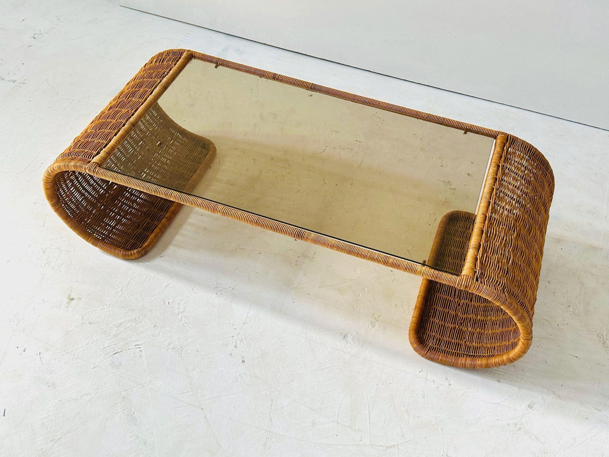 Late 20th Century Rattan and Glass Waterfall Coffee/Cocktail Table, 1970 For Sale