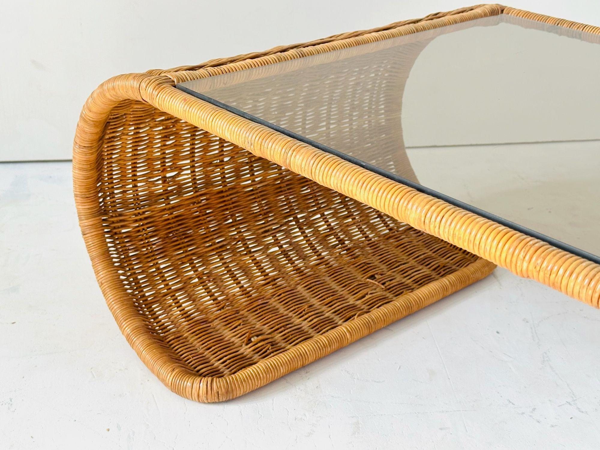 Rattan and Glass Waterfall Coffee/Cocktail Table, 1970 For Sale 1