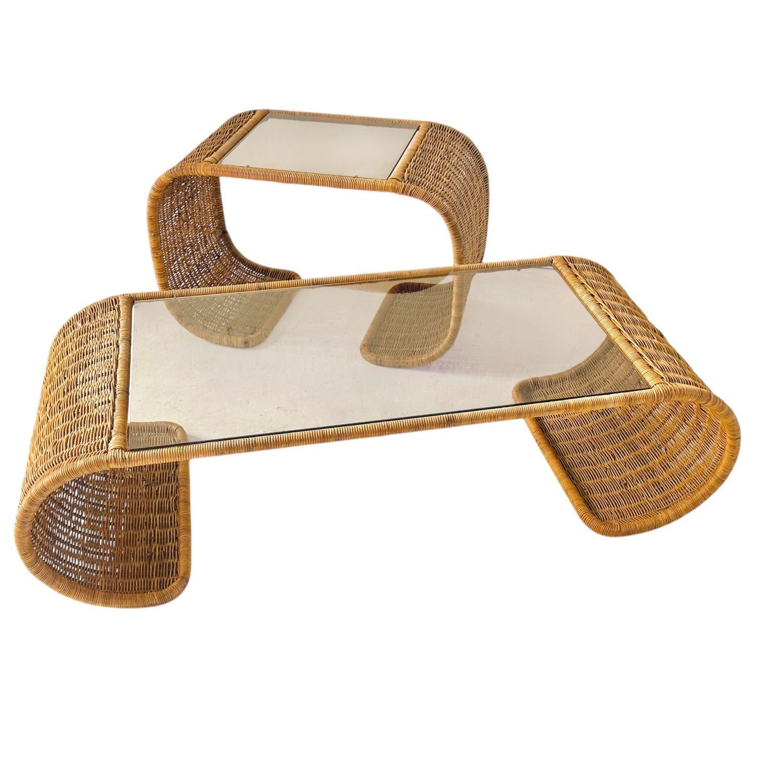 Rattan and Glass Waterfall Coffee/Cocktail Table, 1970 For Sale 2