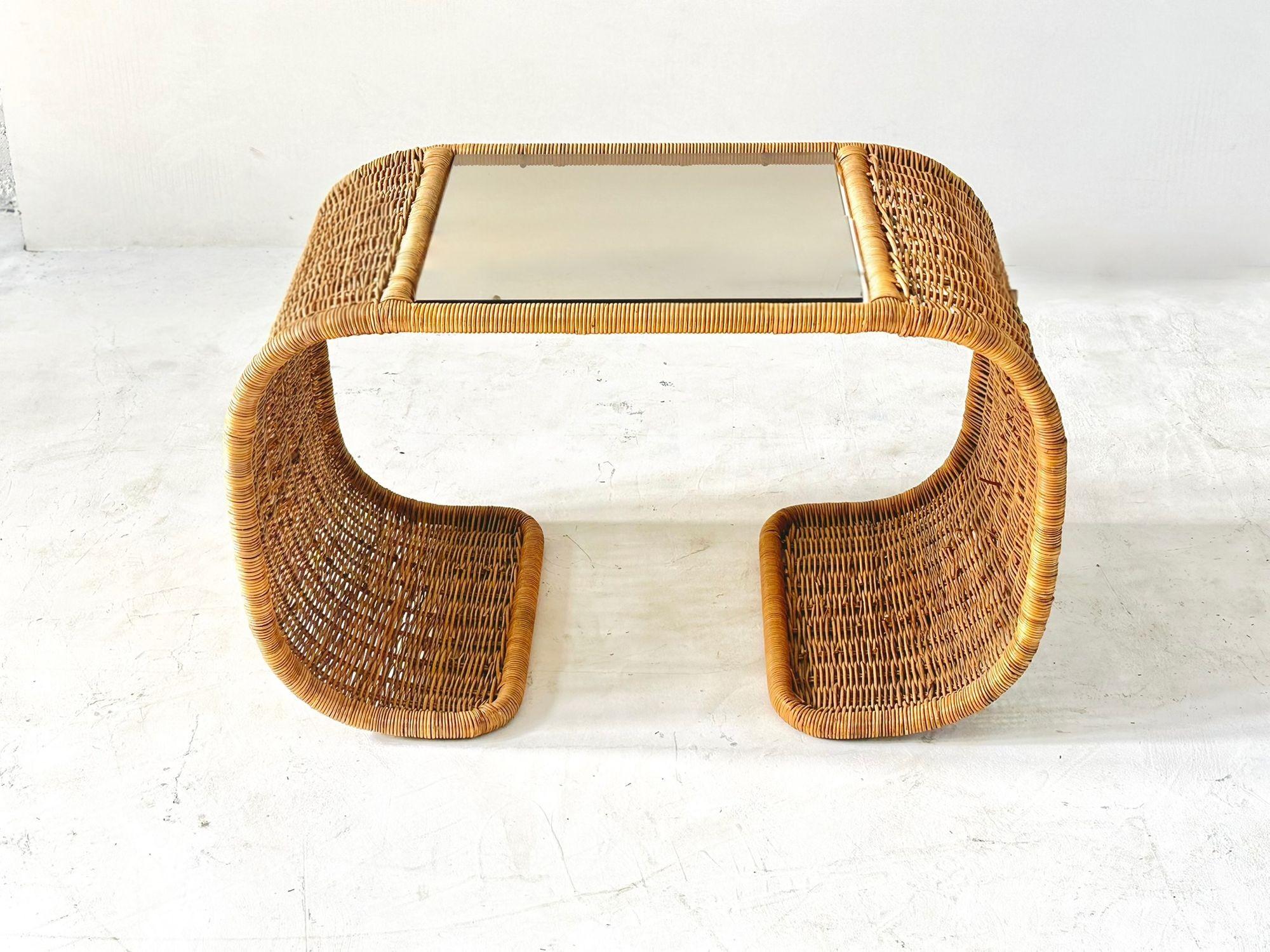 Post-Modern Rattan and Glass Waterfall Side/End Table, 1970 For Sale