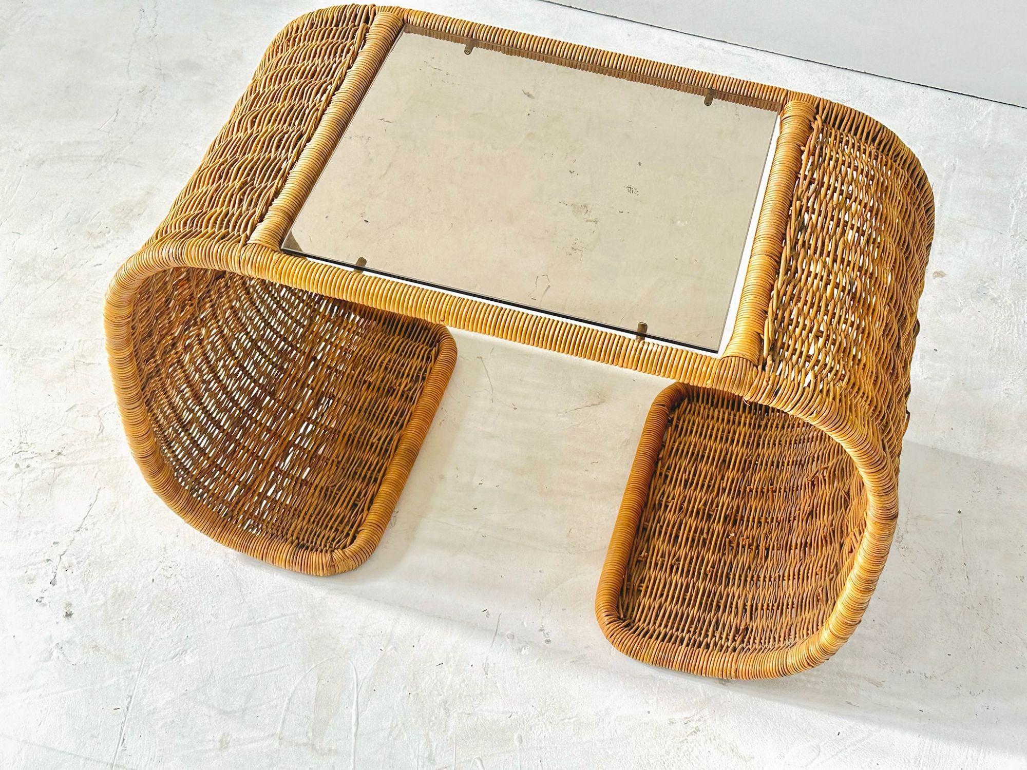 American Rattan and Glass Waterfall Side/End Table, 1970 For Sale