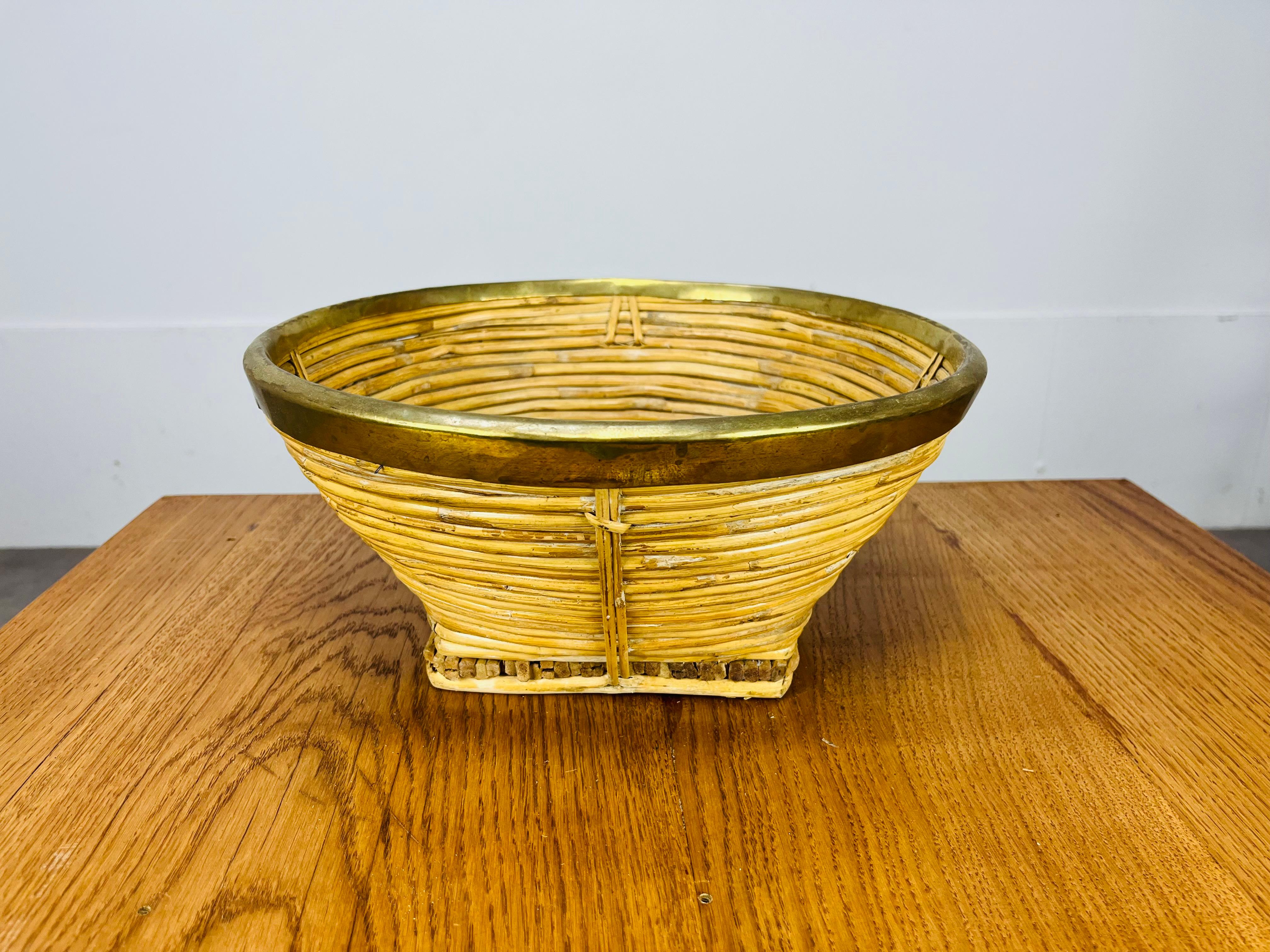 Italian Rattan and golden brass basket, Italy, 1960's For Sale