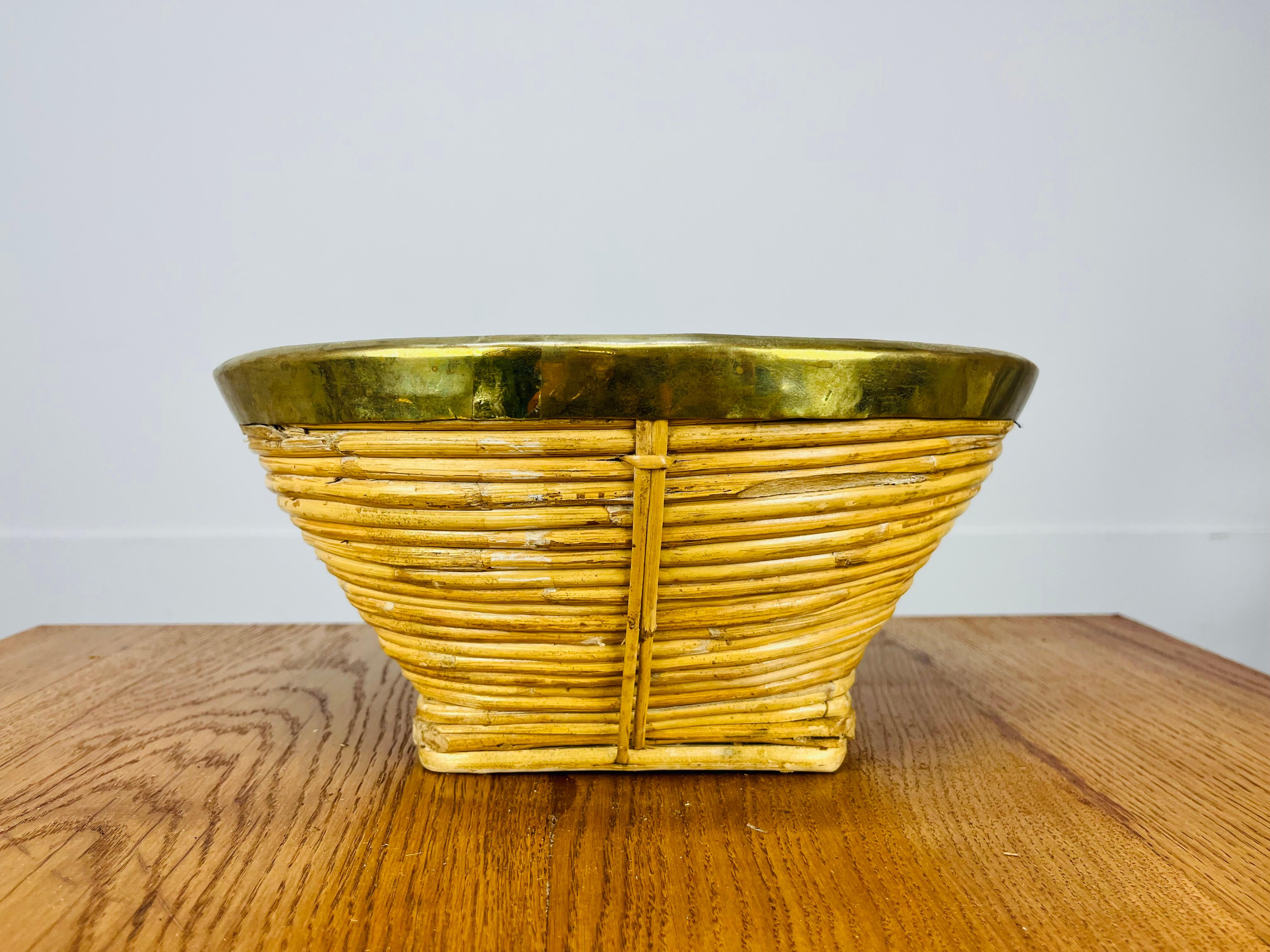Mid-20th Century Rattan and golden brass basket, Italy, 1960's For Sale