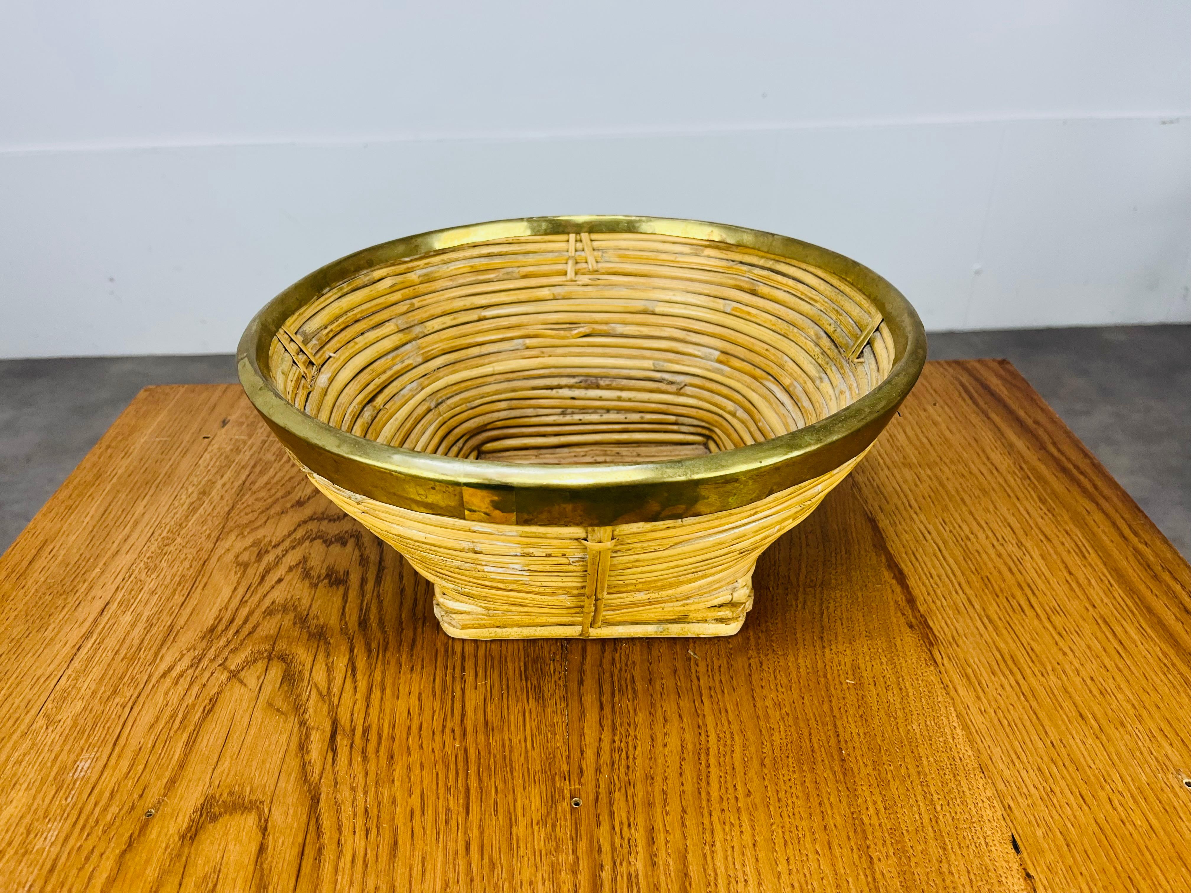 Brass Rattan and golden brass basket, Italy, 1960's For Sale