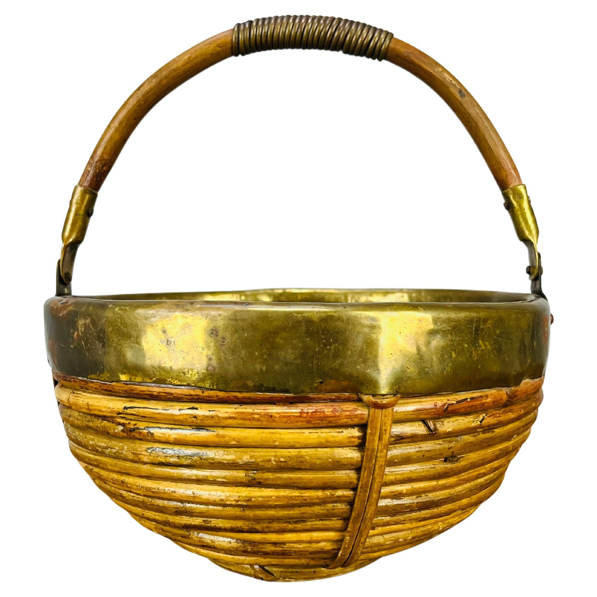 Rattan and golden brass basket, Italy, 1960's