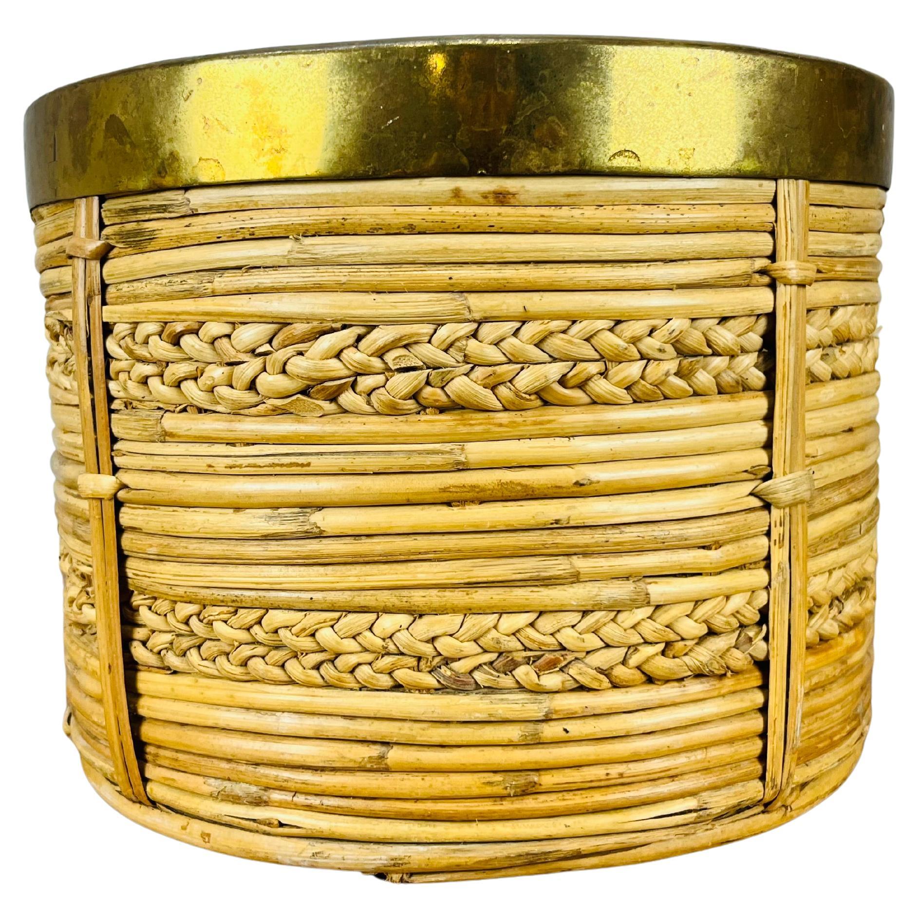 Rattan and golden brass basket, Italy, 1960's