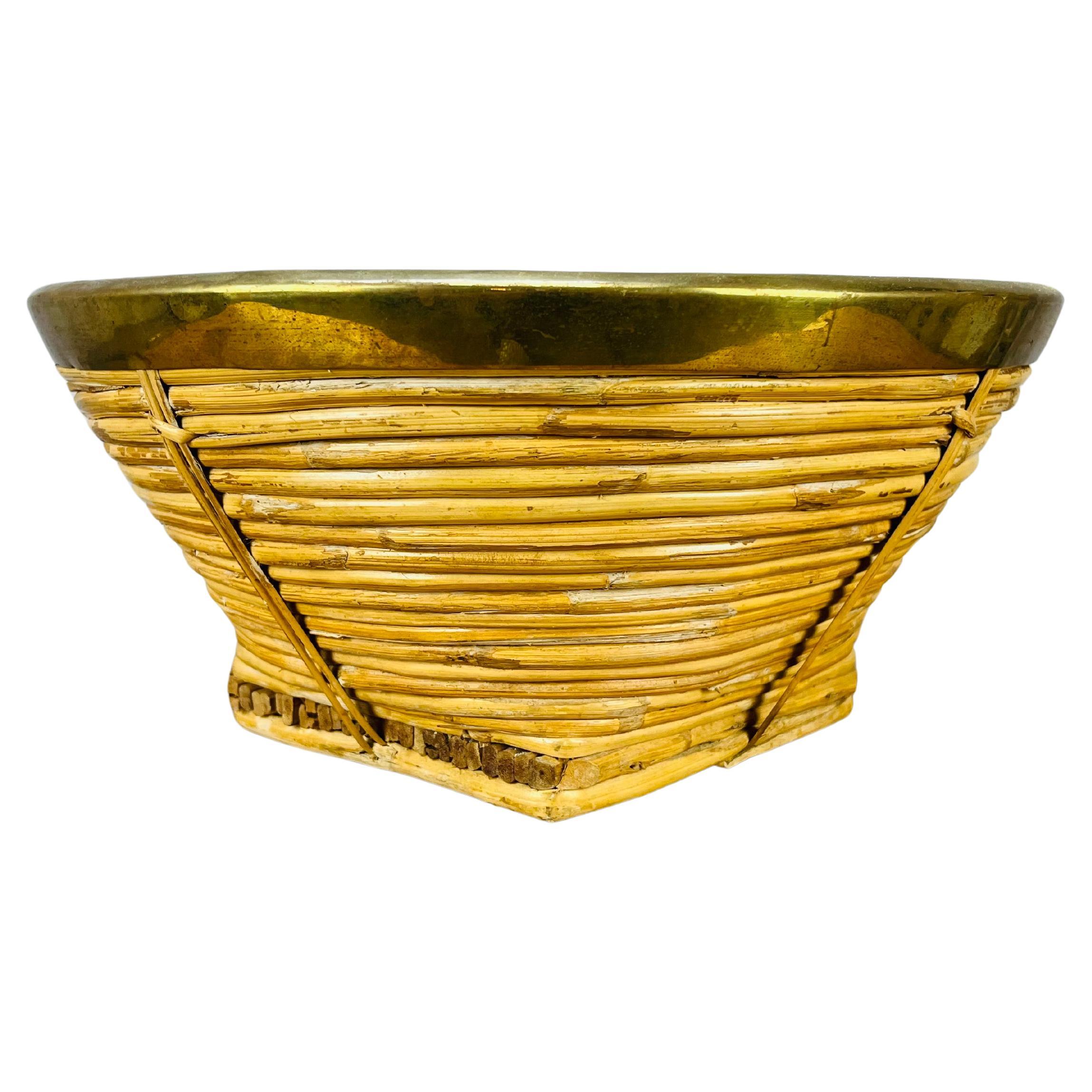 Rattan and golden brass basket, Italy, 1960's For Sale
