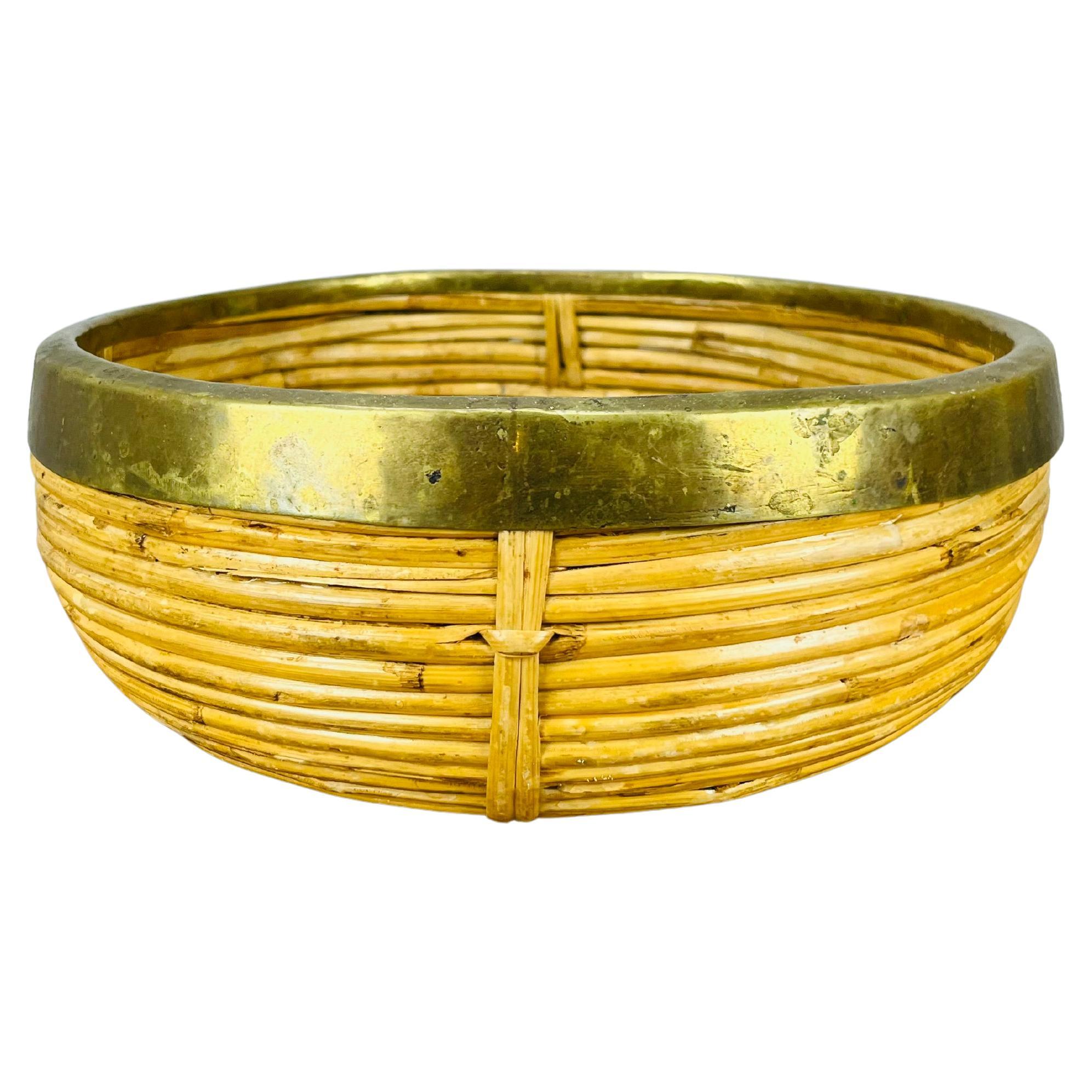 Rattan and golden brass basket, Italy, 1960's