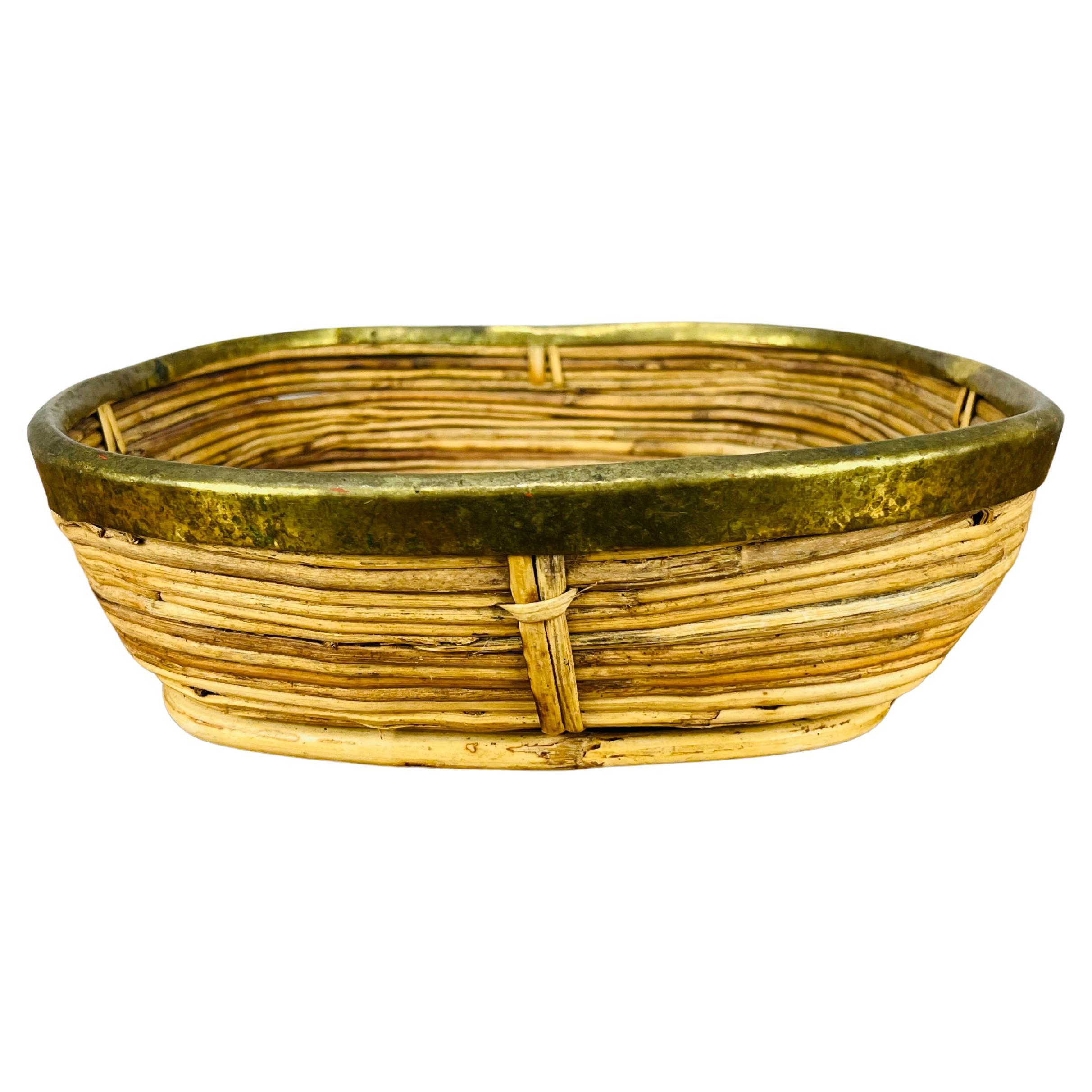 Rattan and golden brass basket, Italy, 1960's