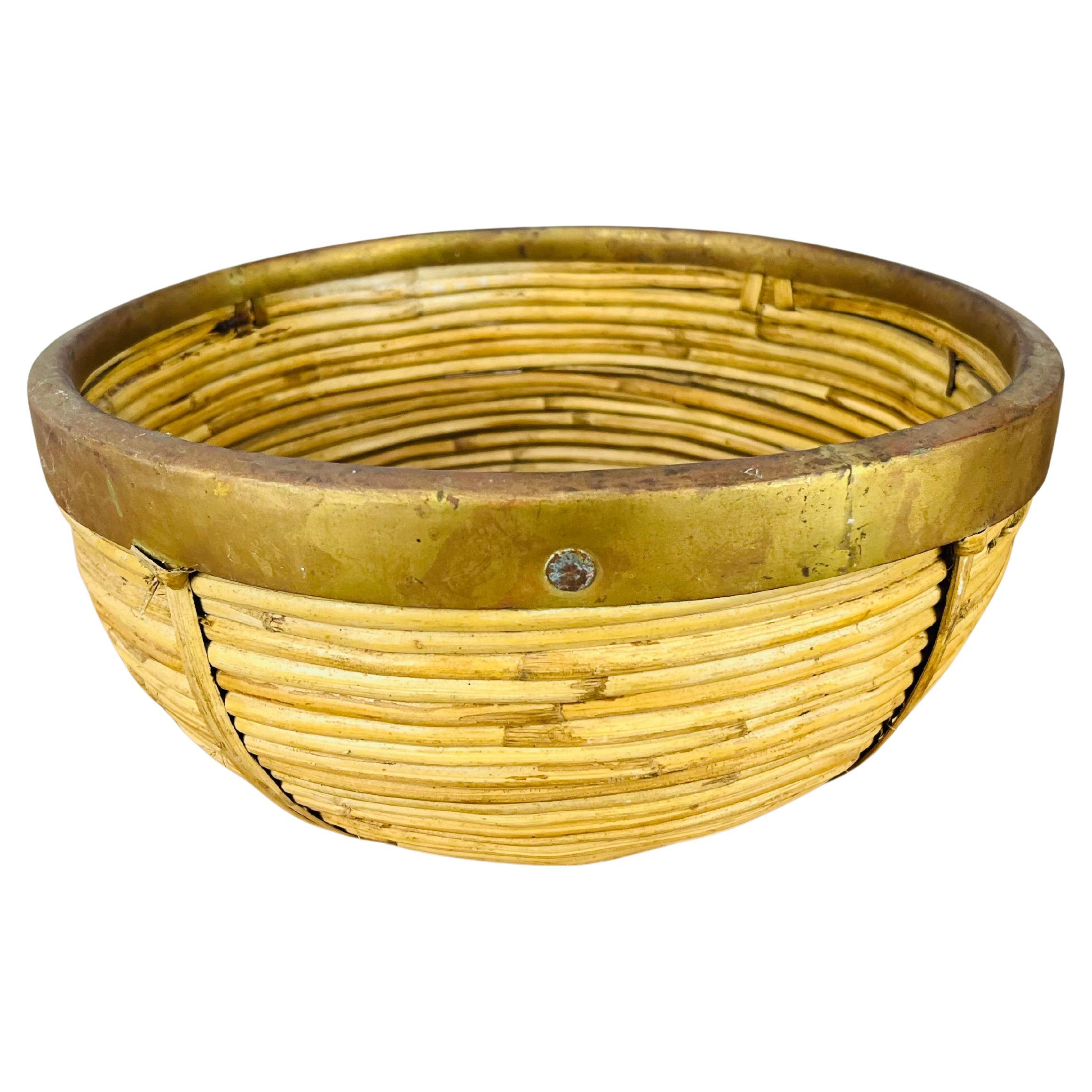 Rattan and golden brass basket, Italy, 1960's