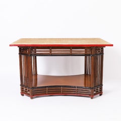 Rattan and Grasscloth Art Deco Table