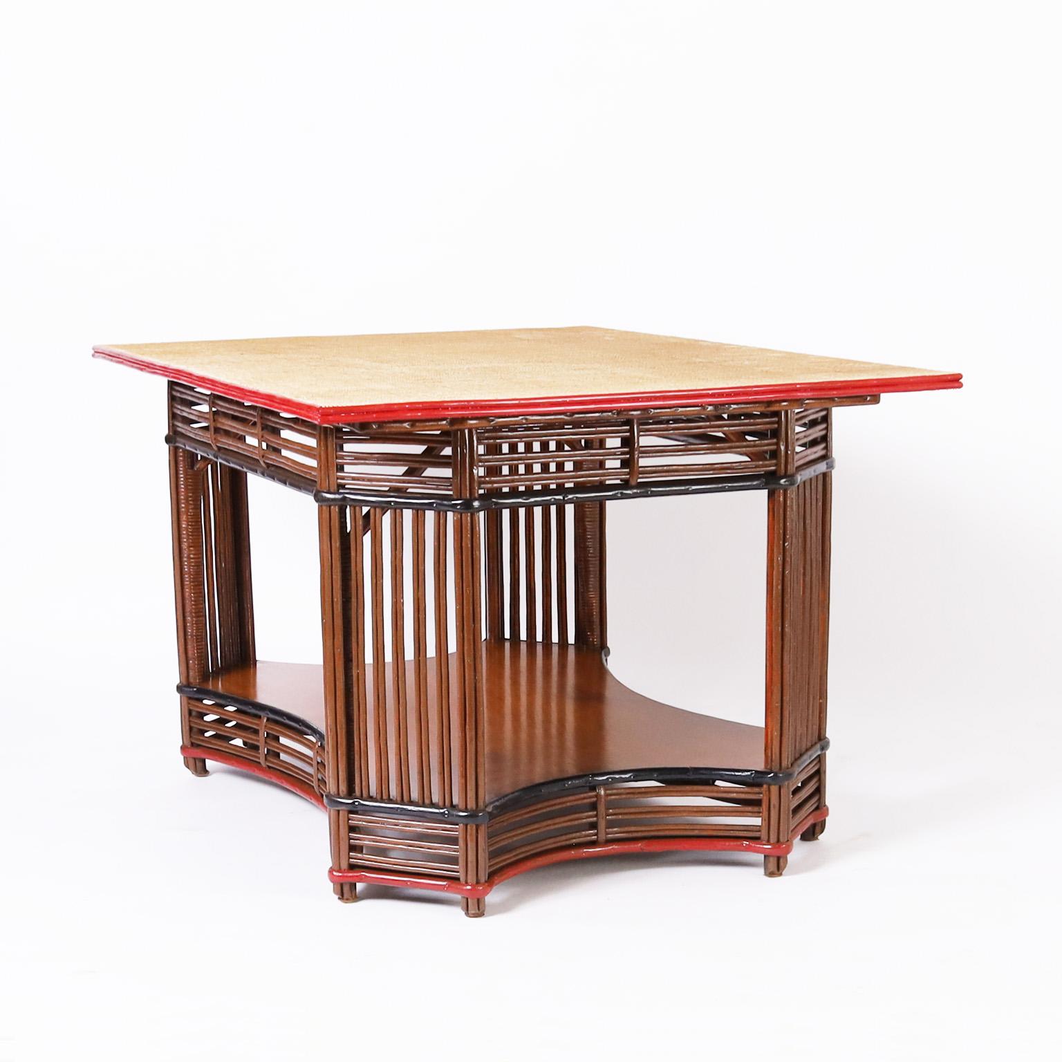 American Rattan and Grasscloth Art Deco Table For Sale