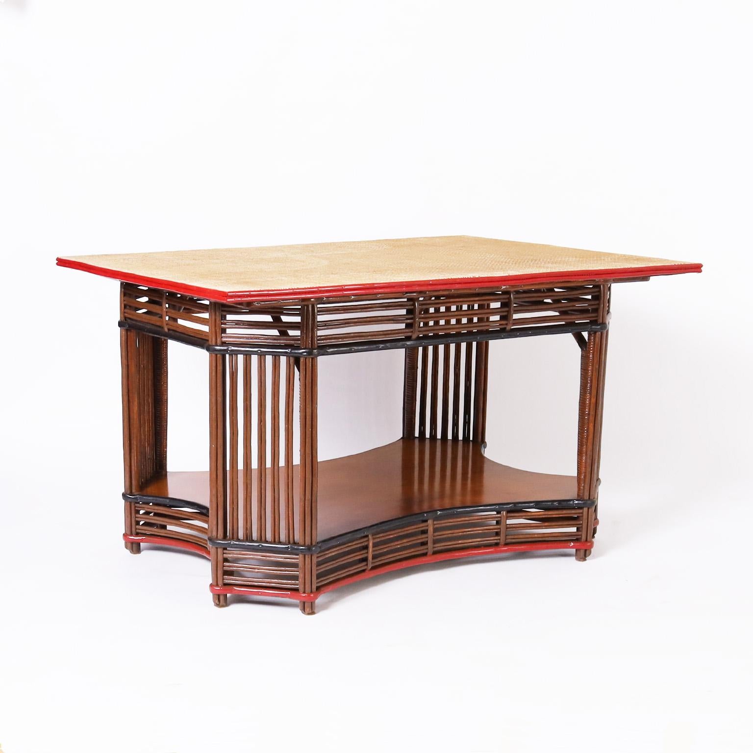 Hand-Crafted Rattan and Grasscloth Art Deco Table For Sale