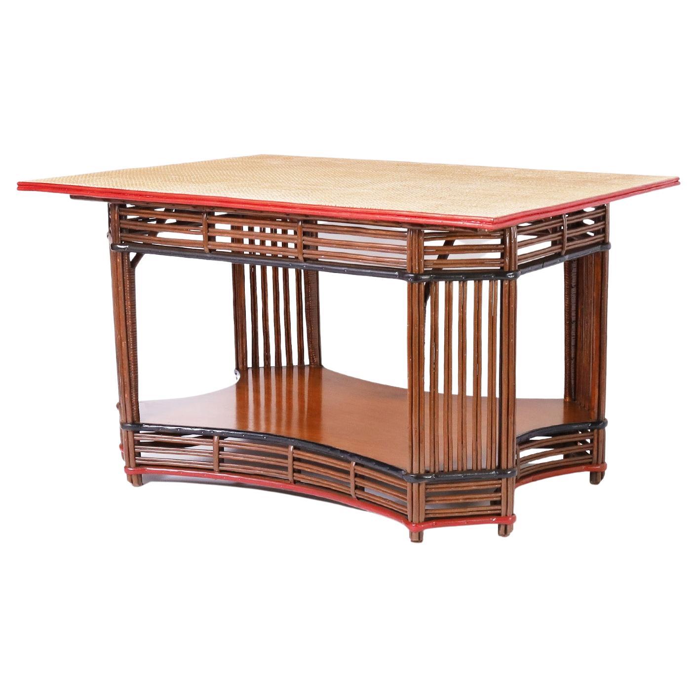 Rattan and Grasscloth Art Deco Table For Sale