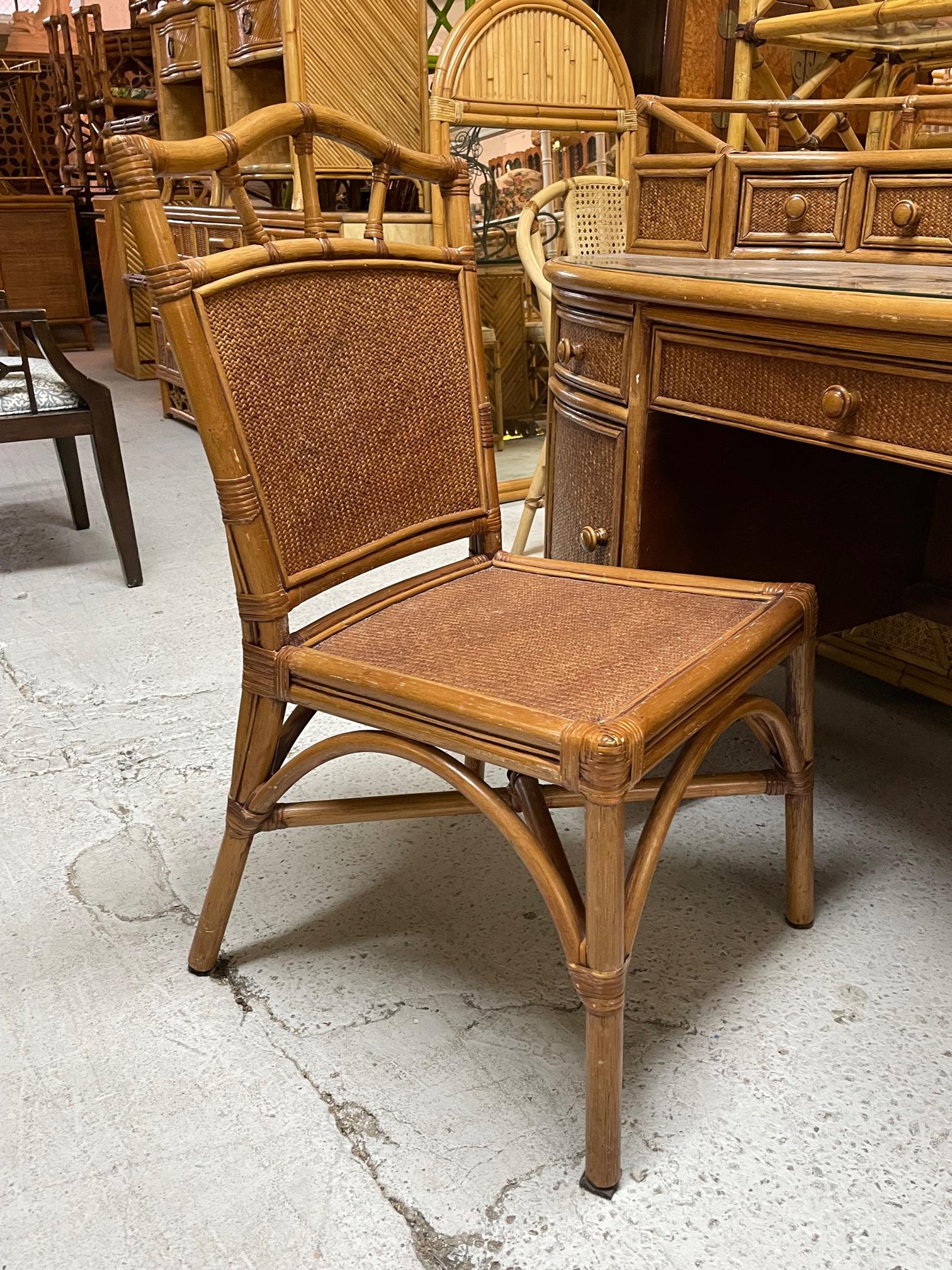 Organic Modern Rattan and Herringbone Woven Wicker Secretary Desk and Chair For Sale
