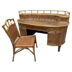 Vintage Rattan and Herringbone Woven Wicker Secretary Desk and Chair