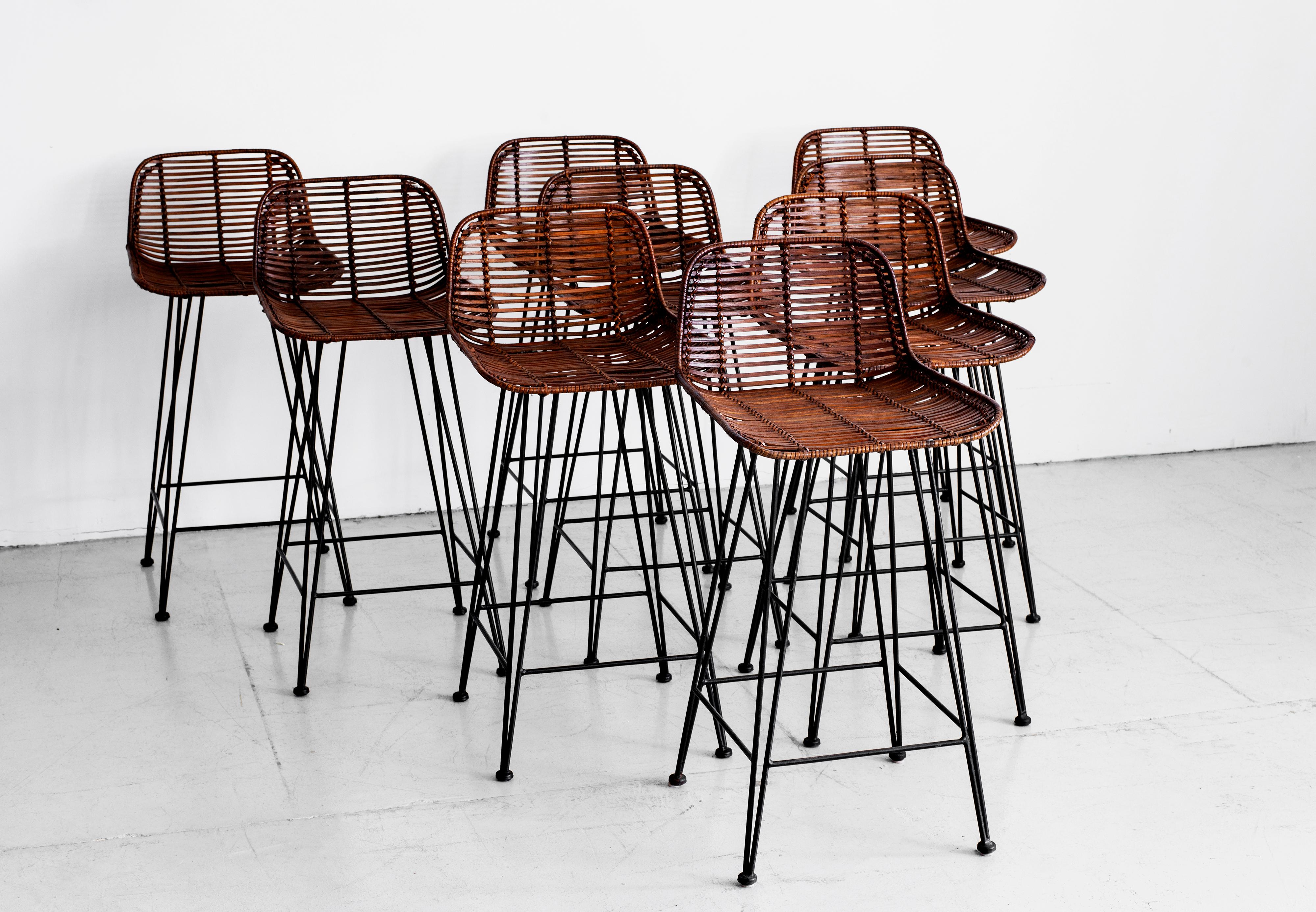 Mid-Century Modern Rattan and Iron Barstools