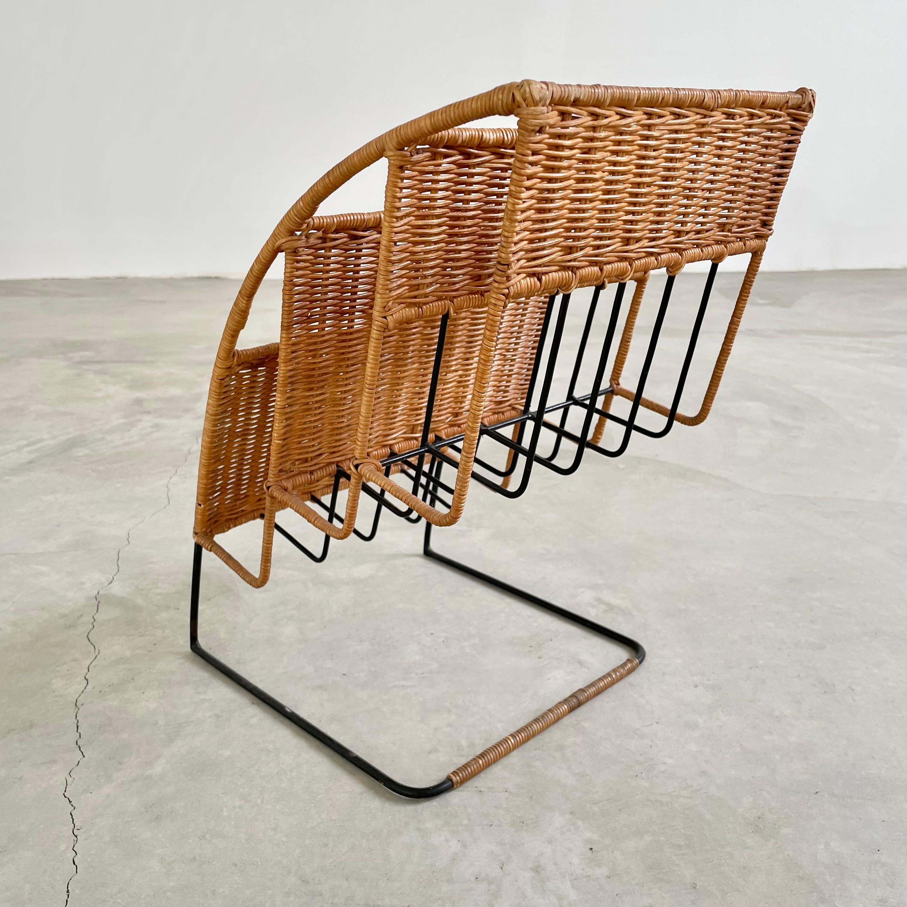 Rattan and Iron Magazine Rack attributed to Jacques Adnet For Sale 5