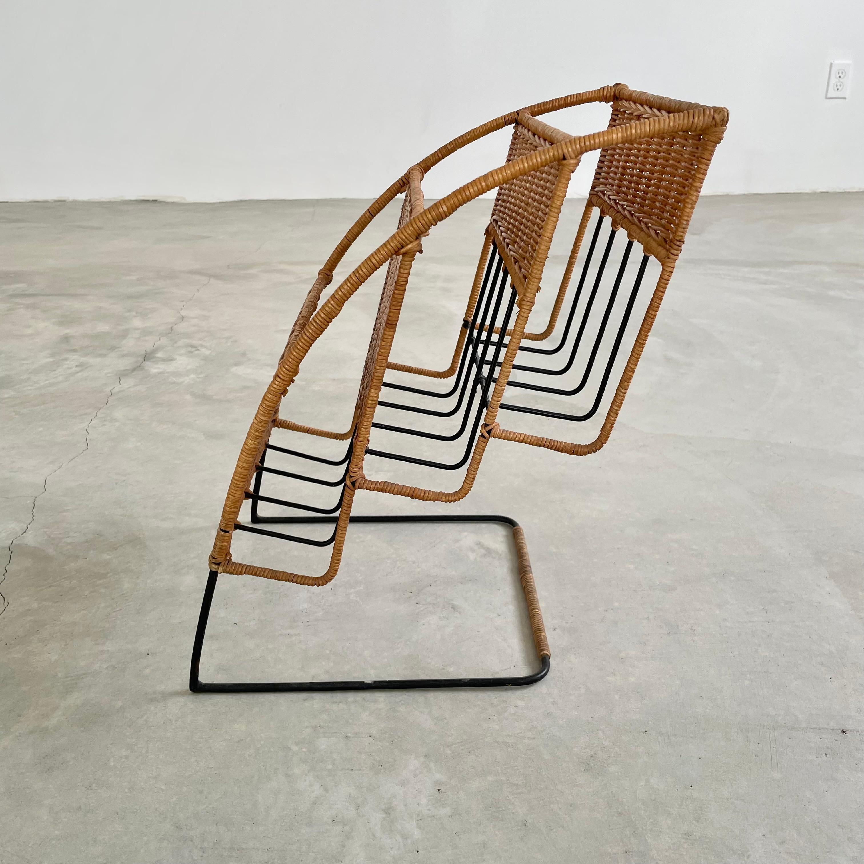 Rattan and Iron Magazine Rack attributed to Jacques Adnet For Sale 6