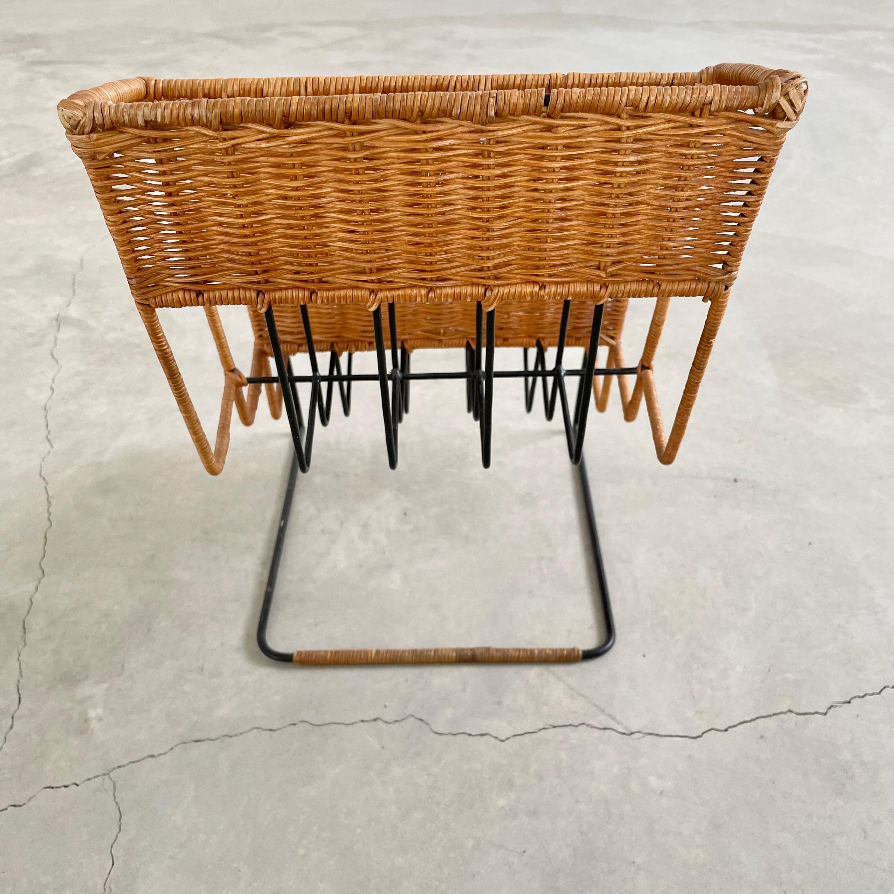 Rattan and Iron Magazine Rack attributed to Jacques Adnet For Sale 7