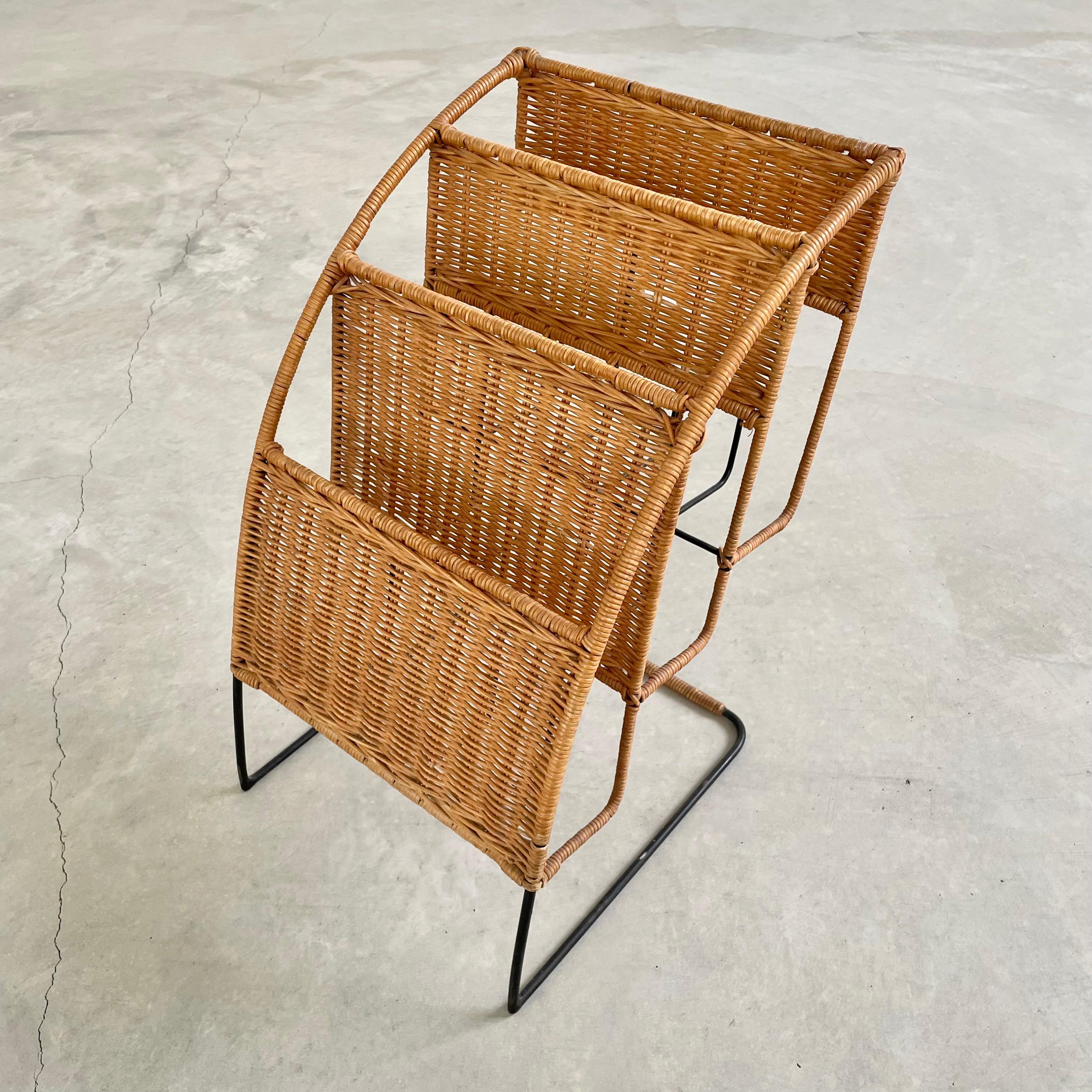 Mid-20th Century Rattan and Iron Magazine Rack attributed to Jacques Adnet For Sale