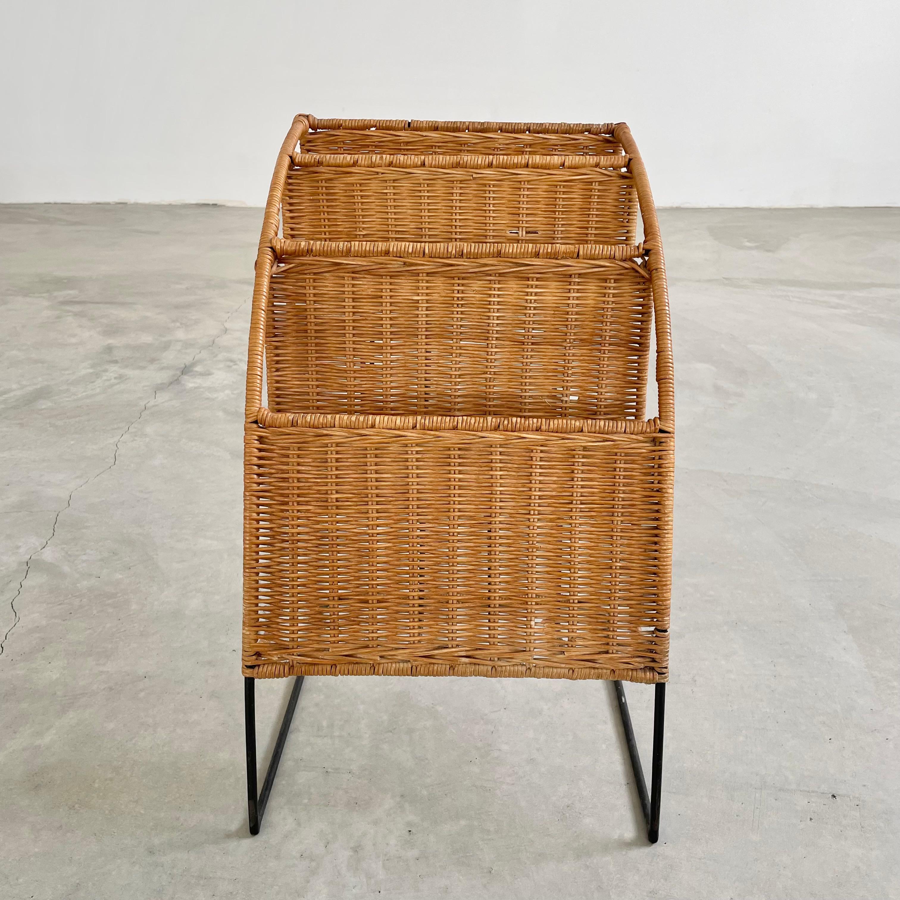 Rattan and Iron Magazine Rack attributed to Jacques Adnet For Sale 1