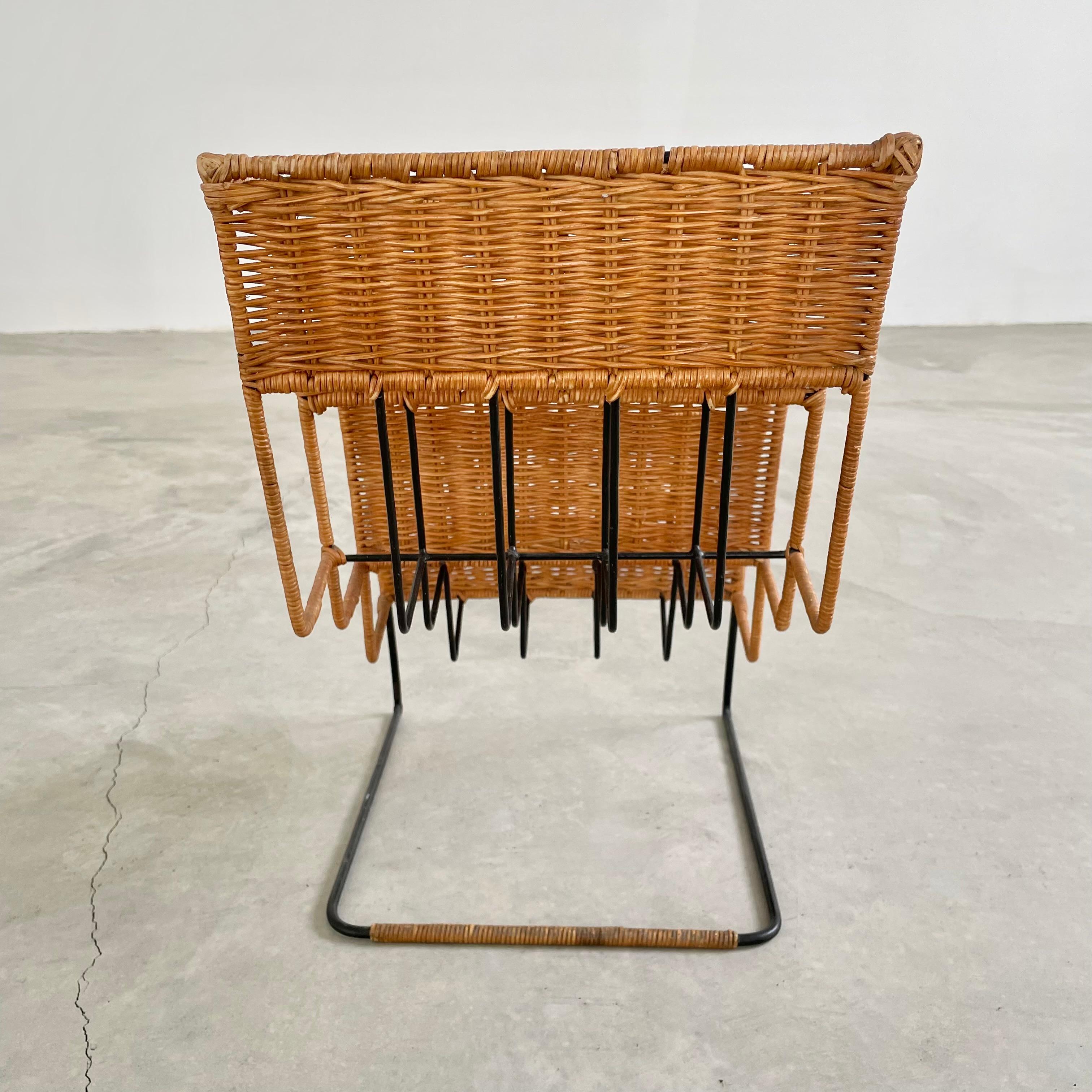 Rattan and Iron Magazine Rack attributed to Jacques Adnet For Sale 4