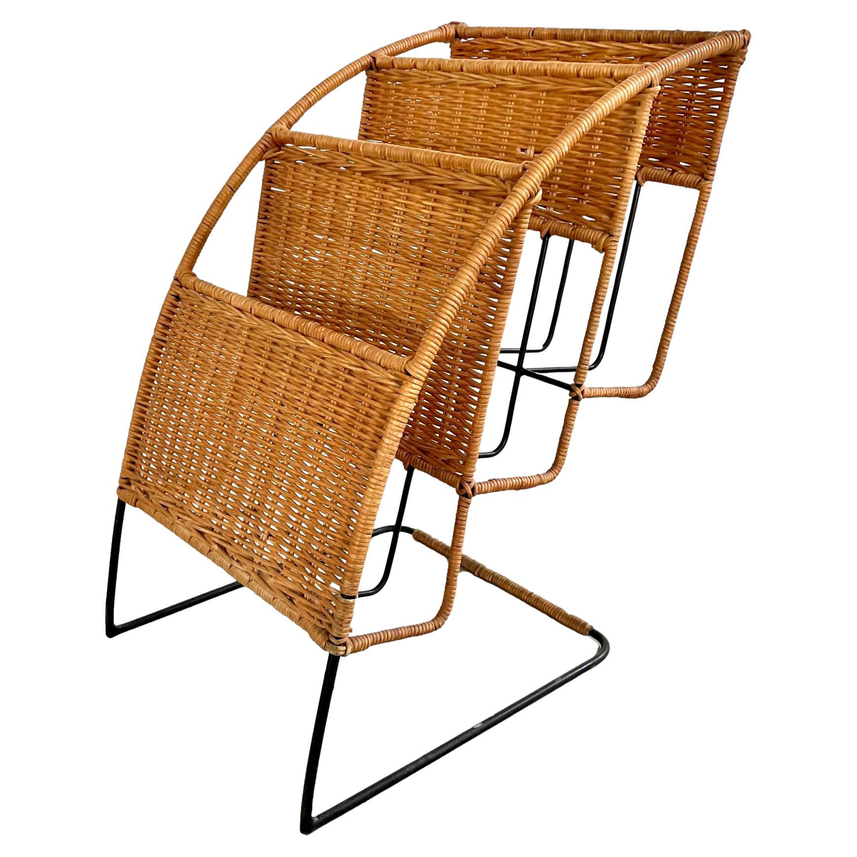 Rattan and Iron Magazine Rack attributed to Jacques Adnet For Sale