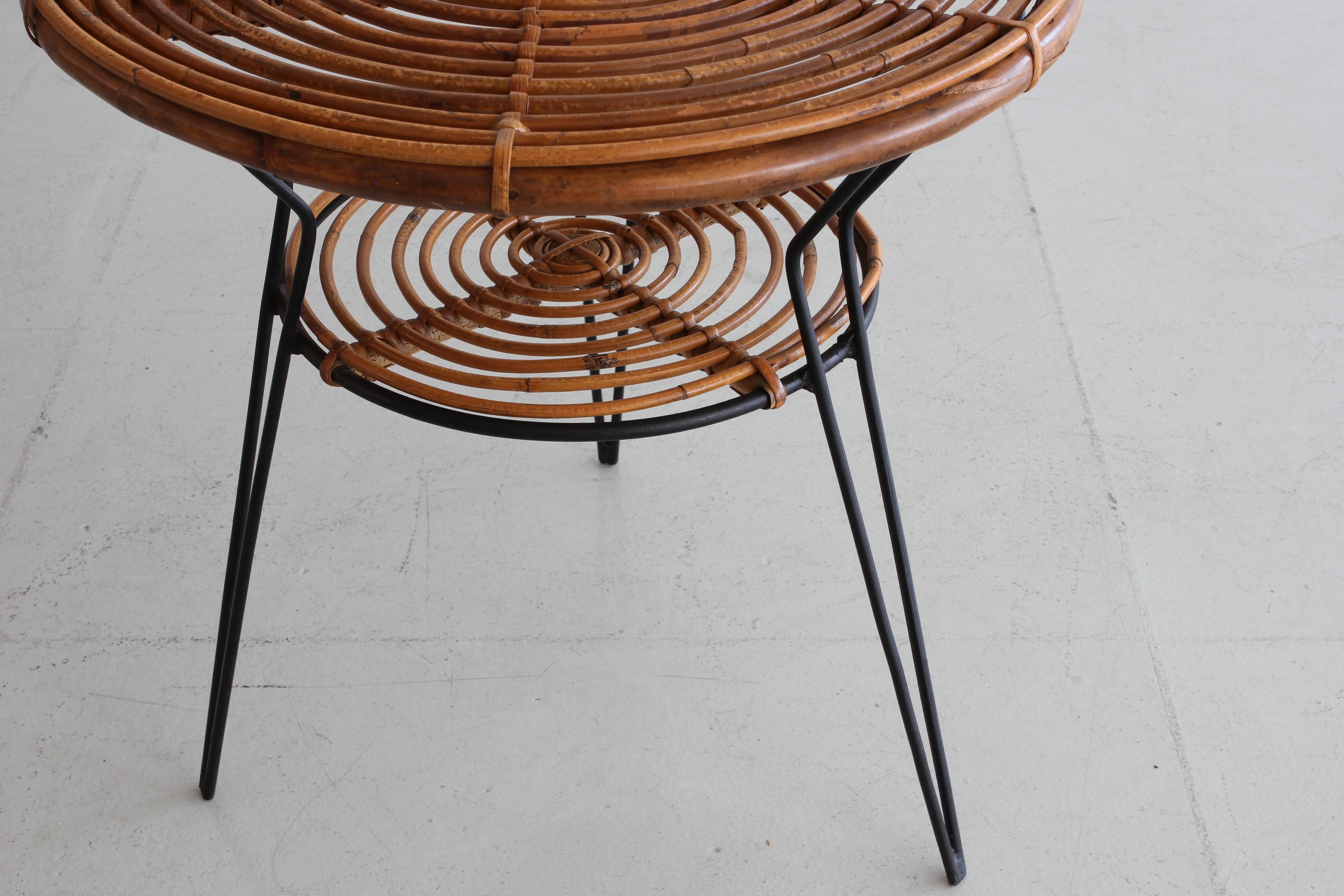 Mid-Century Modern Rattan and Iron Side Table
