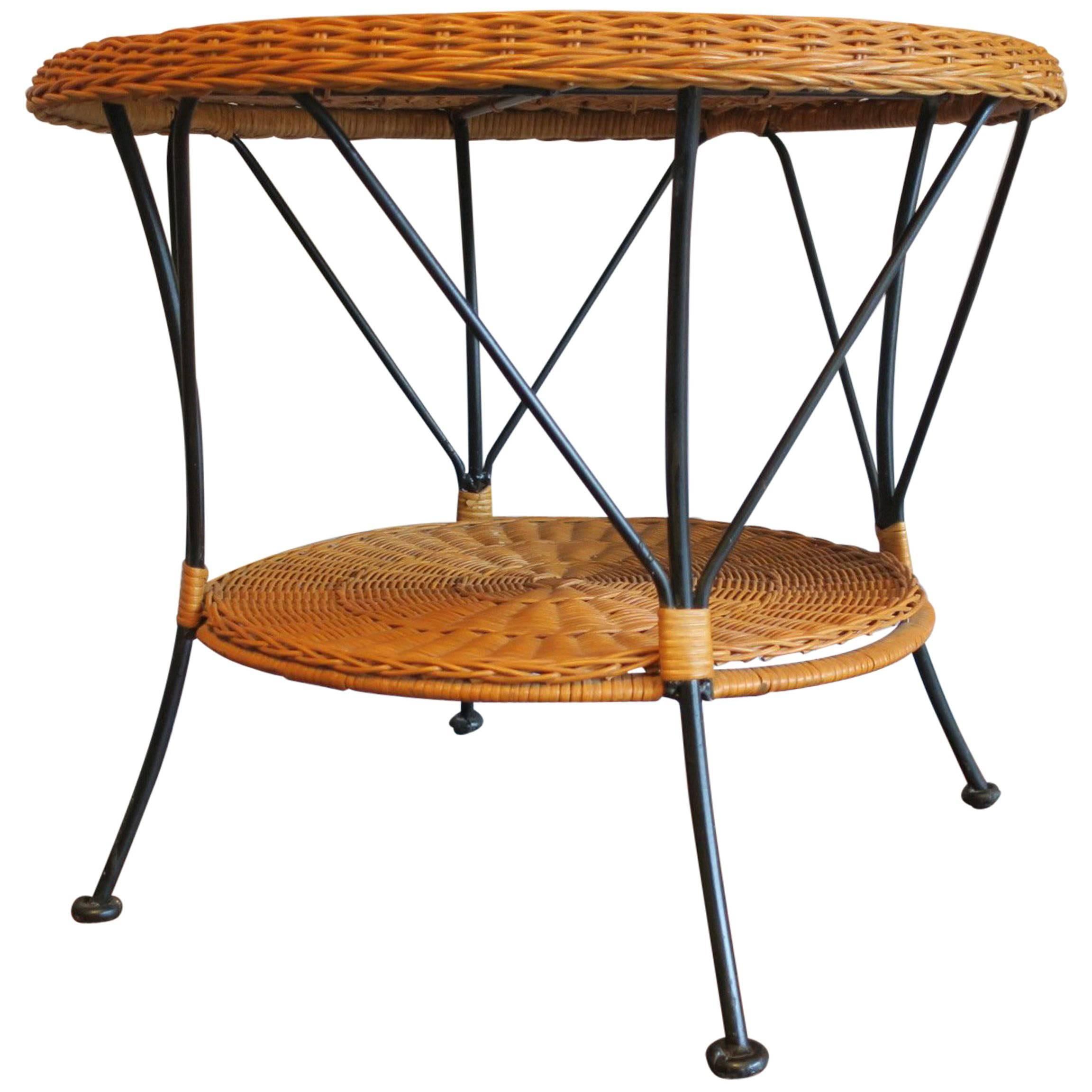 Rattan and Iron Two-Tier Coffee Table Mid Century For Sale