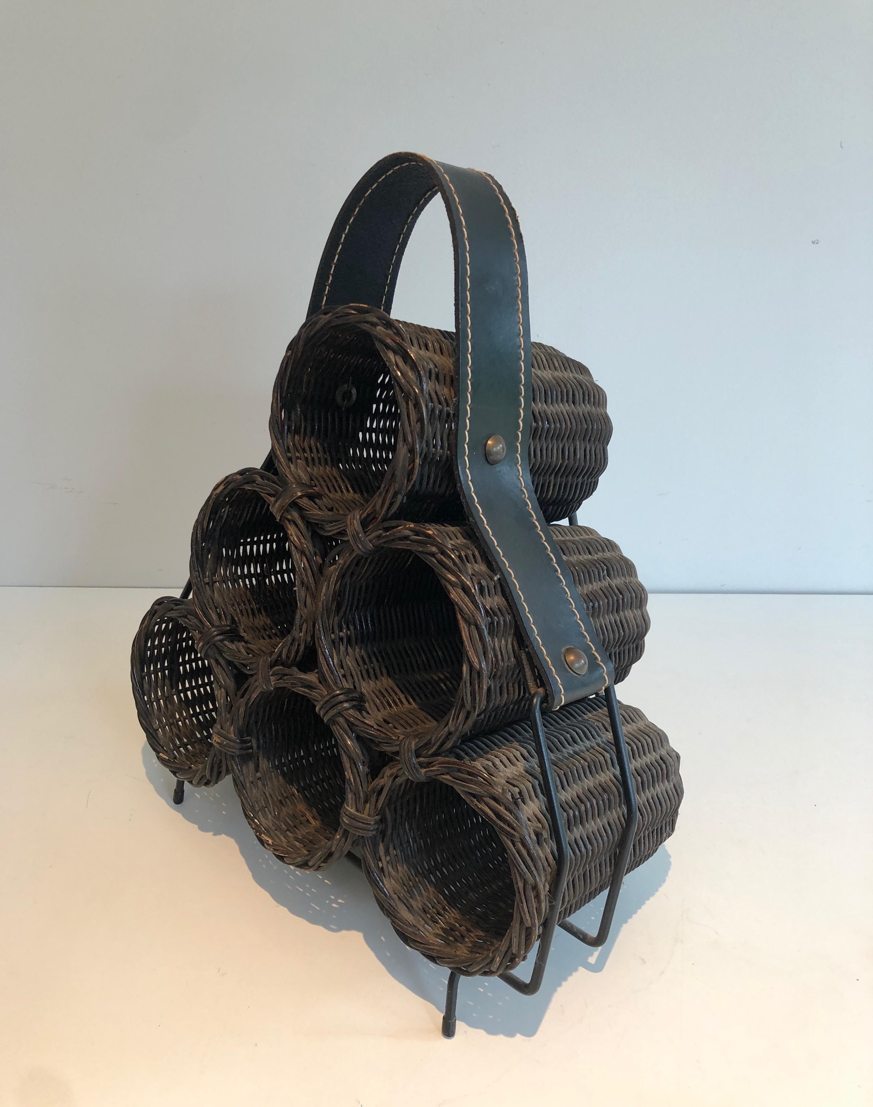 Rattan and Leather Bottles Holder, French Work, circa 1970 For Sale 5