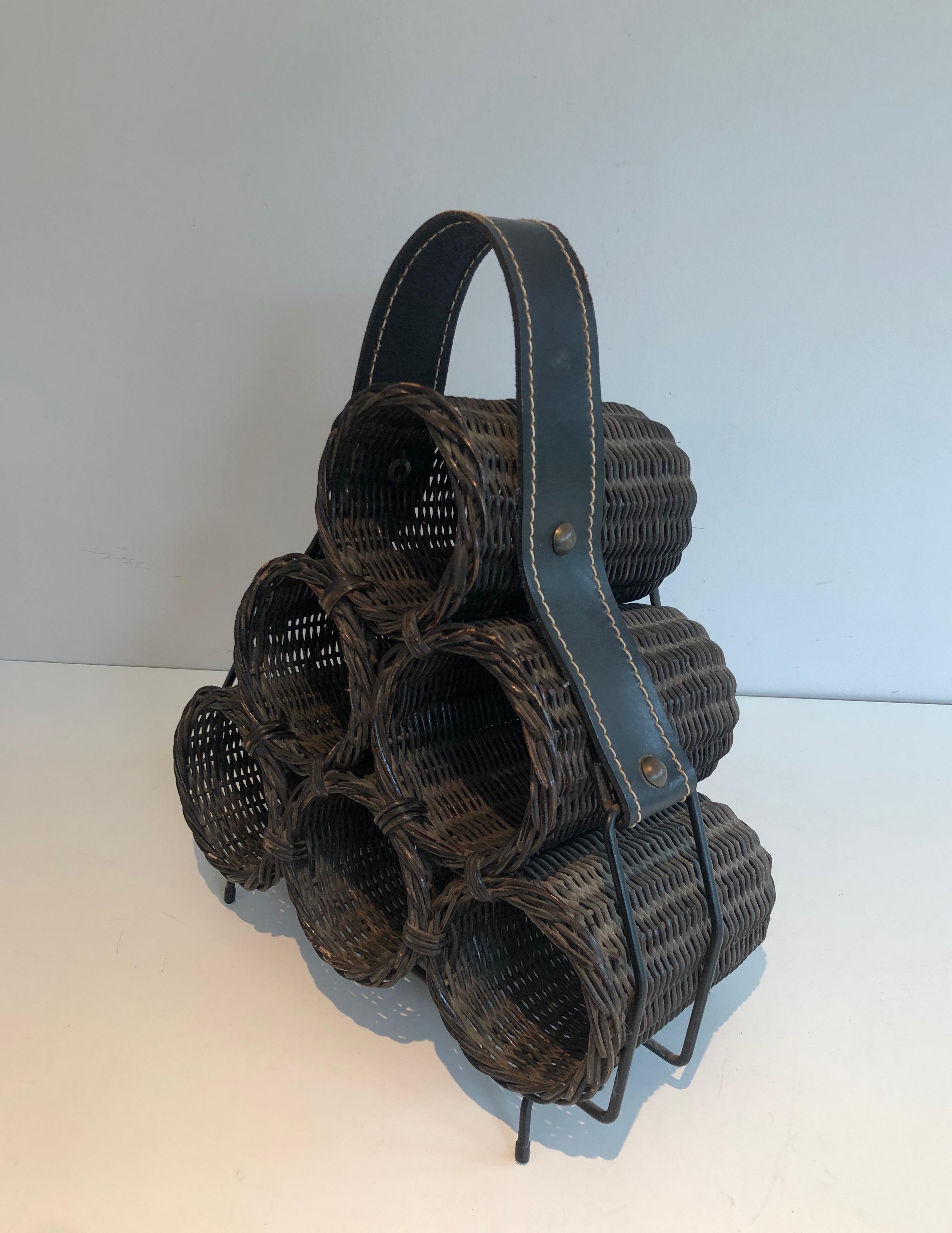 Mid-Century Modern Rattan and Leather Bottles Holder, French Work, circa 1970 For Sale