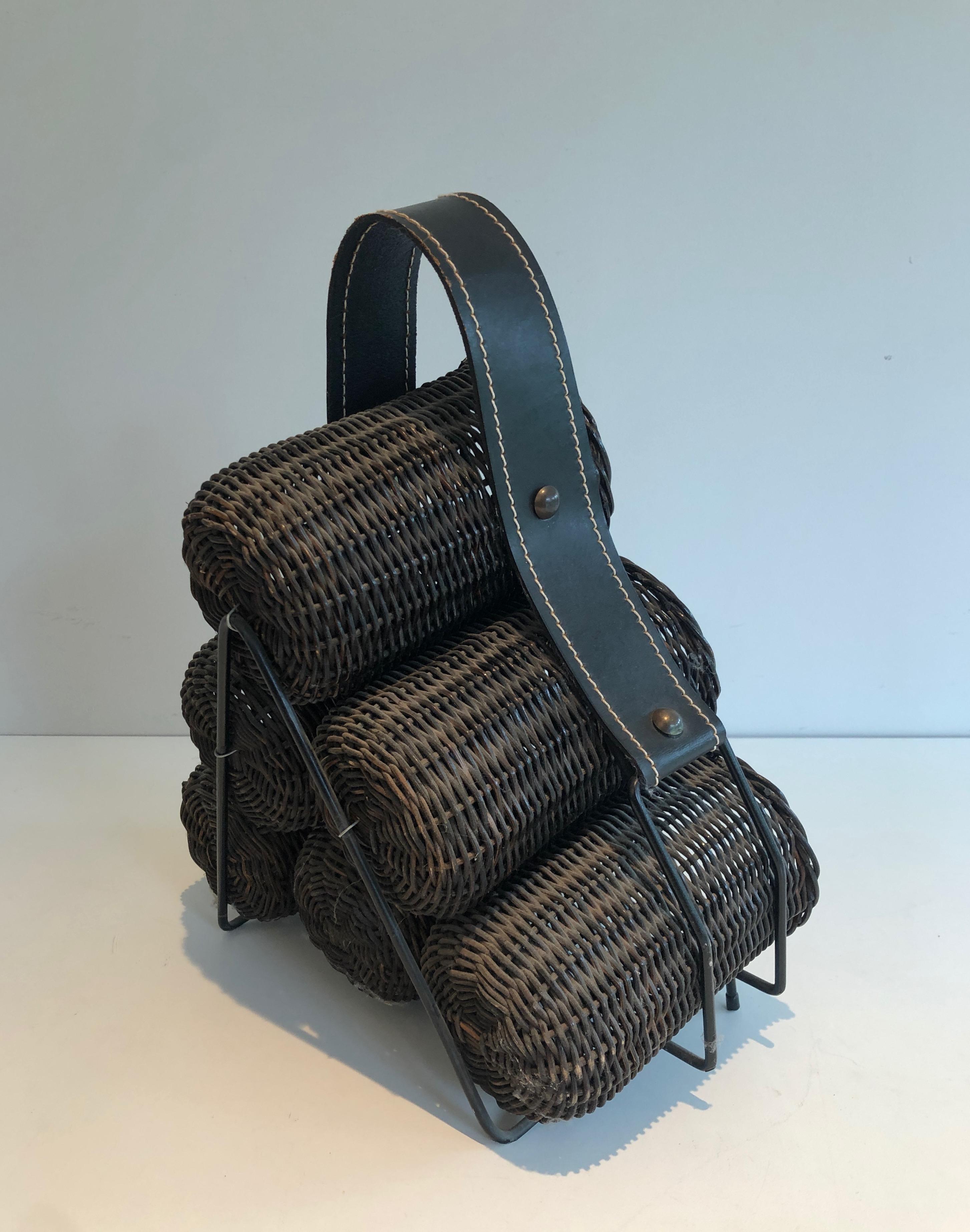 Metal Rattan and Leather Bottles Holder, French Work, circa 1970 For Sale