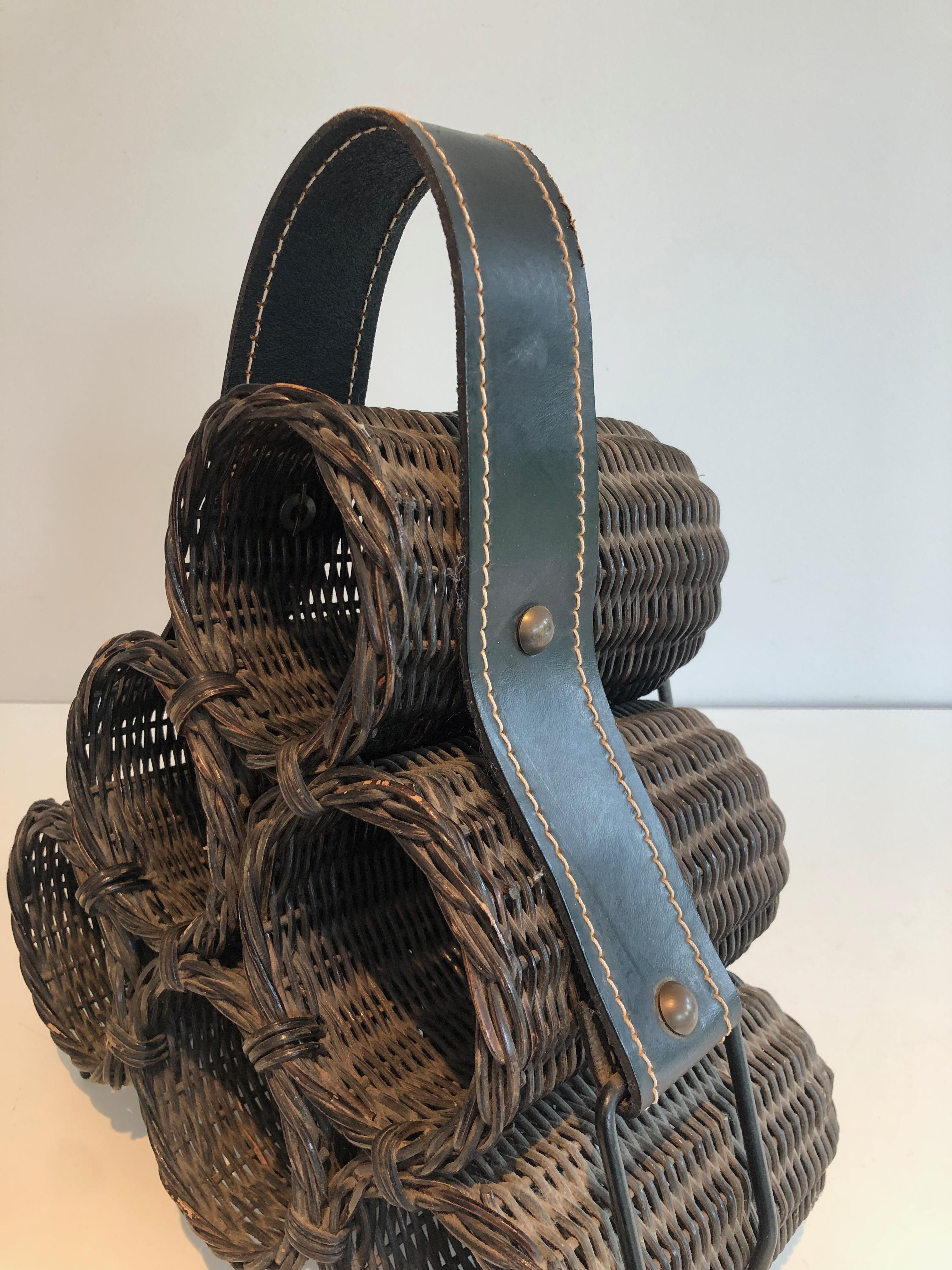 Rattan and Leather Bottles Holder, French Work, circa 1970 For Sale 2