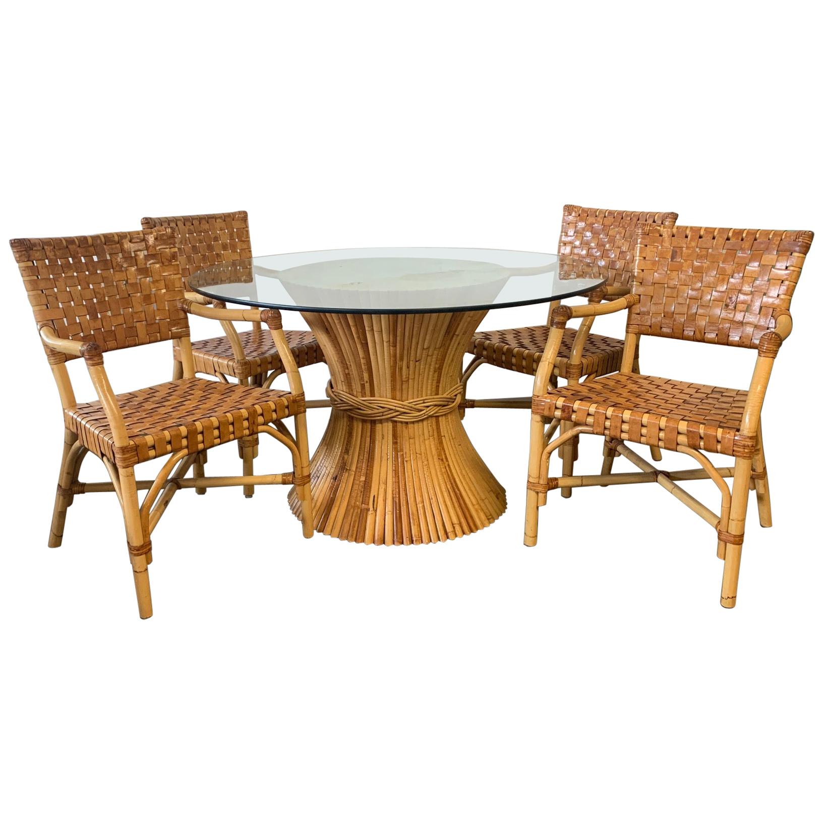 Rattan and Leather Dining Set, 4 Chairs and Sheaf of Wheat Table