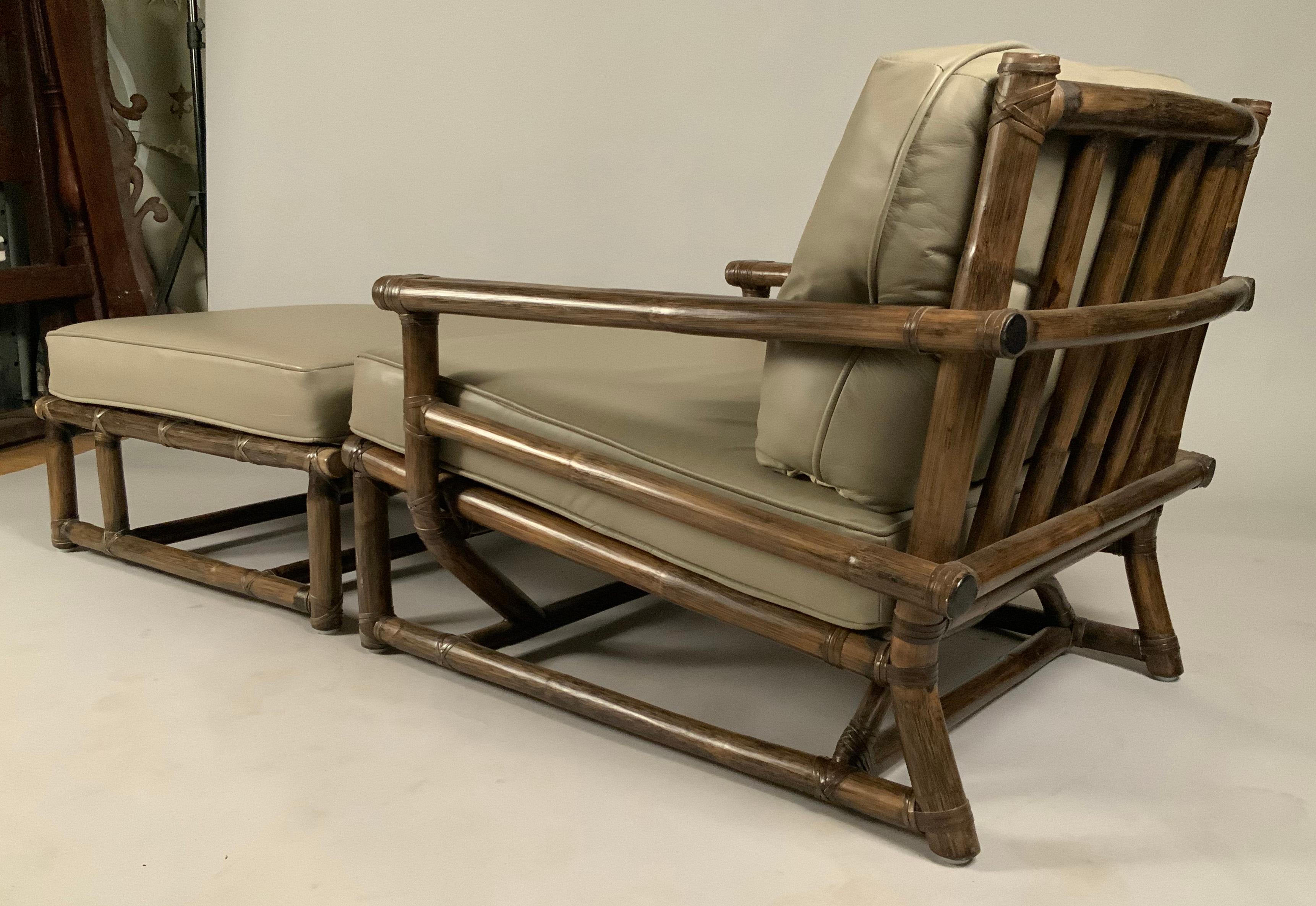 Rattan and Leather Lounge Chair & Ottoman by McGuire In Good Condition For Sale In Hudson, NY