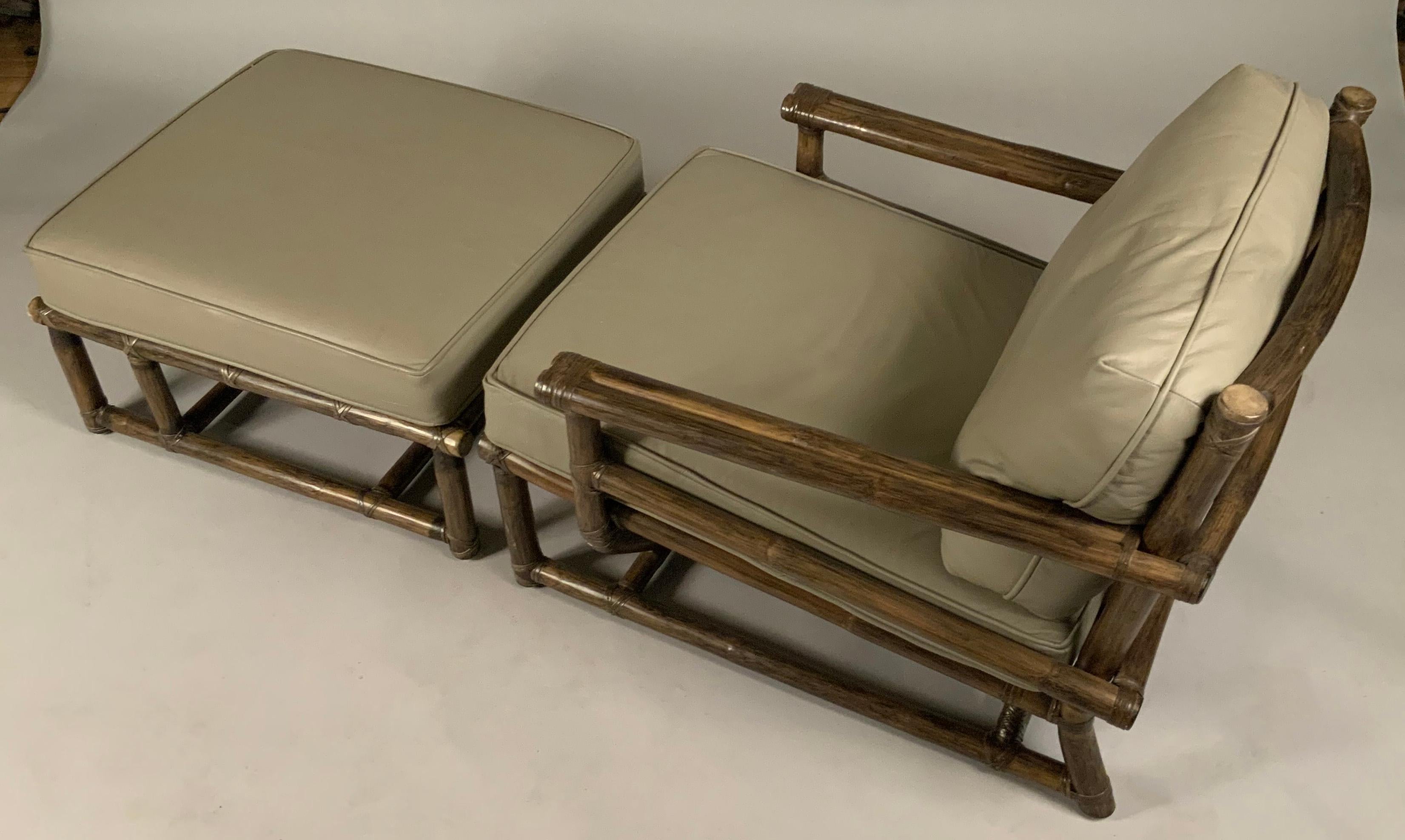 Late 20th Century Rattan and Leather Lounge Chair & Ottoman by McGuire For Sale