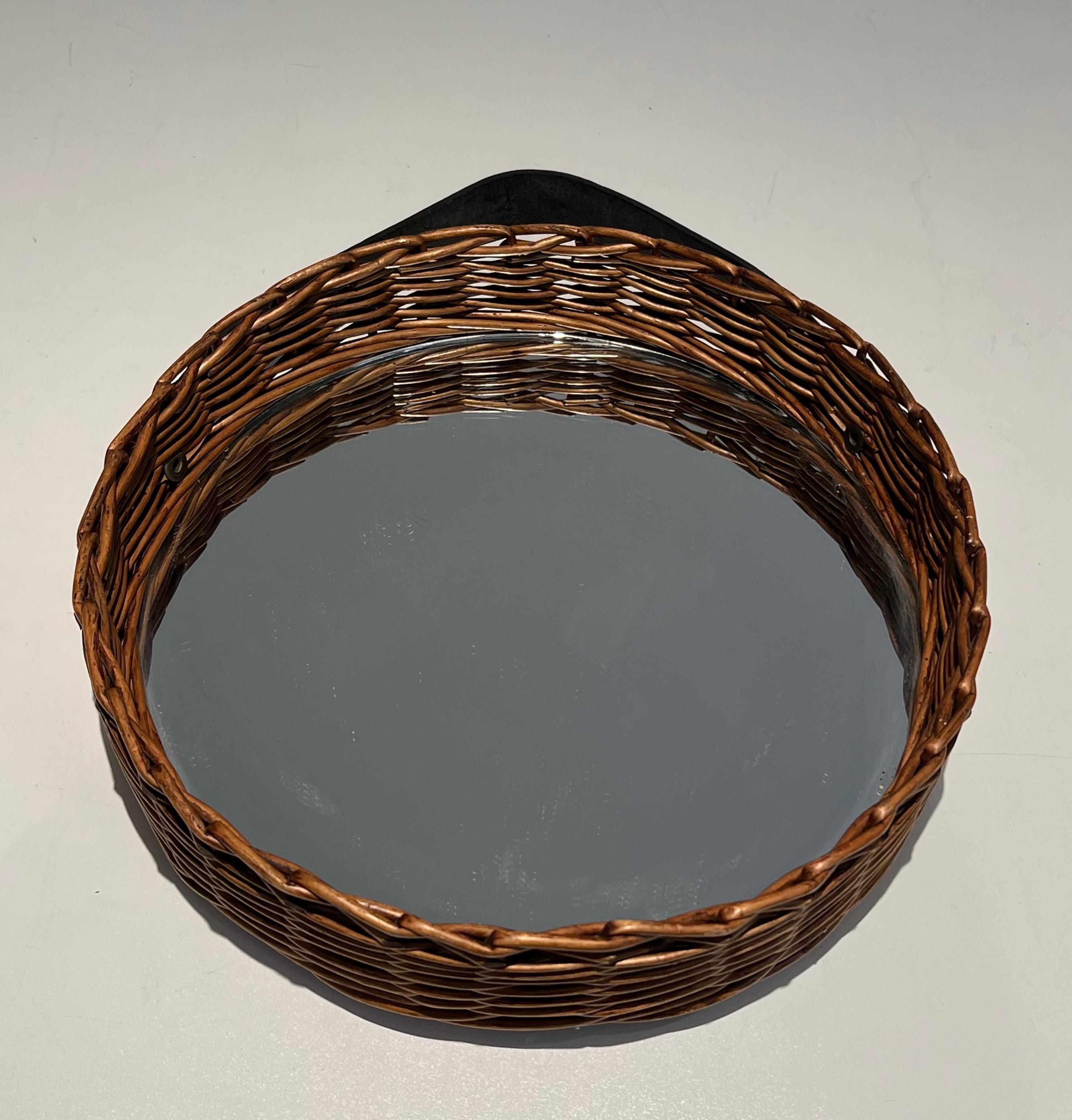 Mid-Century Modern Rattan and Leather Round Mirror, French Work; circa 1950 For Sale