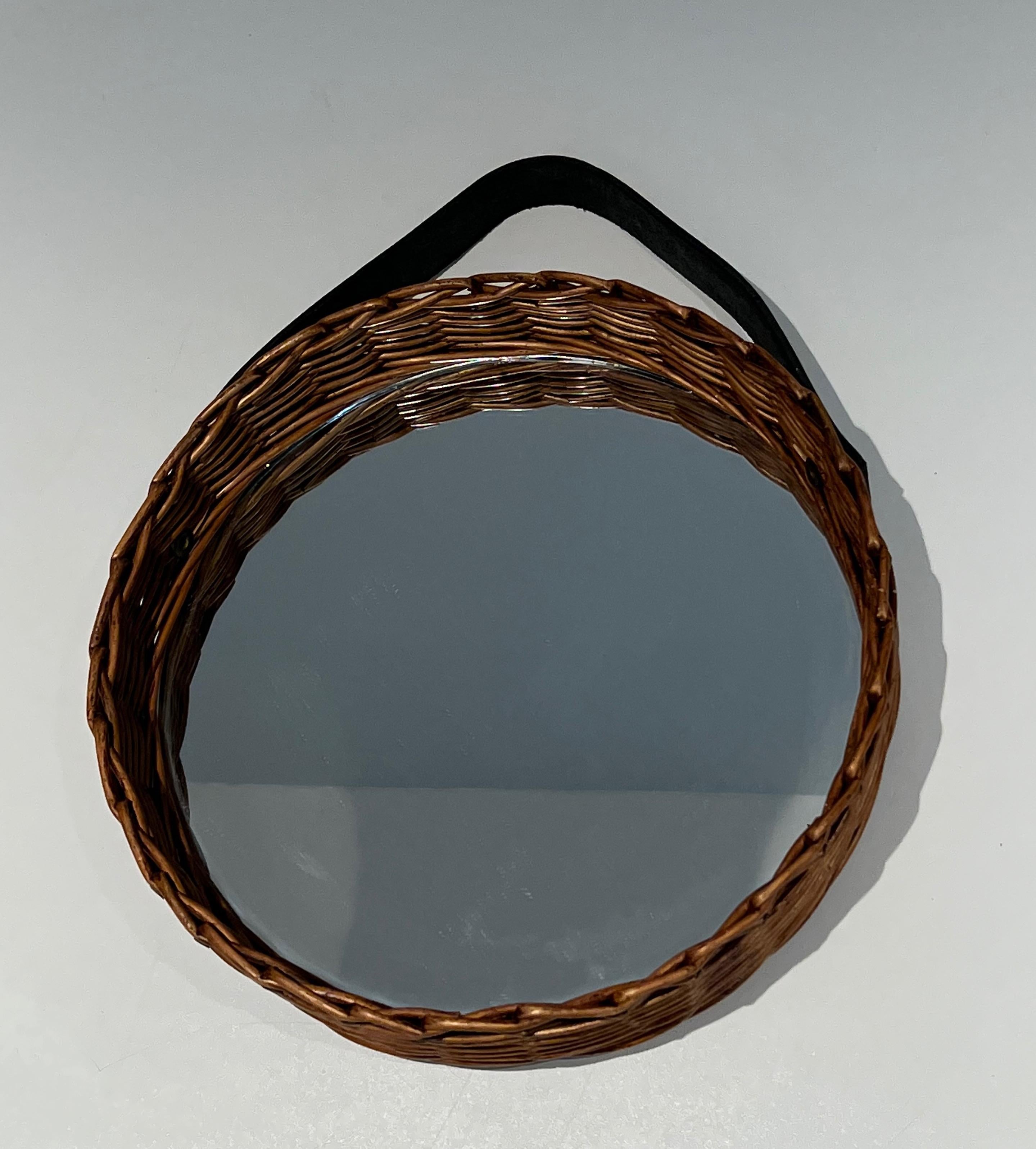 Rattan and Leather Round Mirror, French Work; circa 1950 For Sale 3