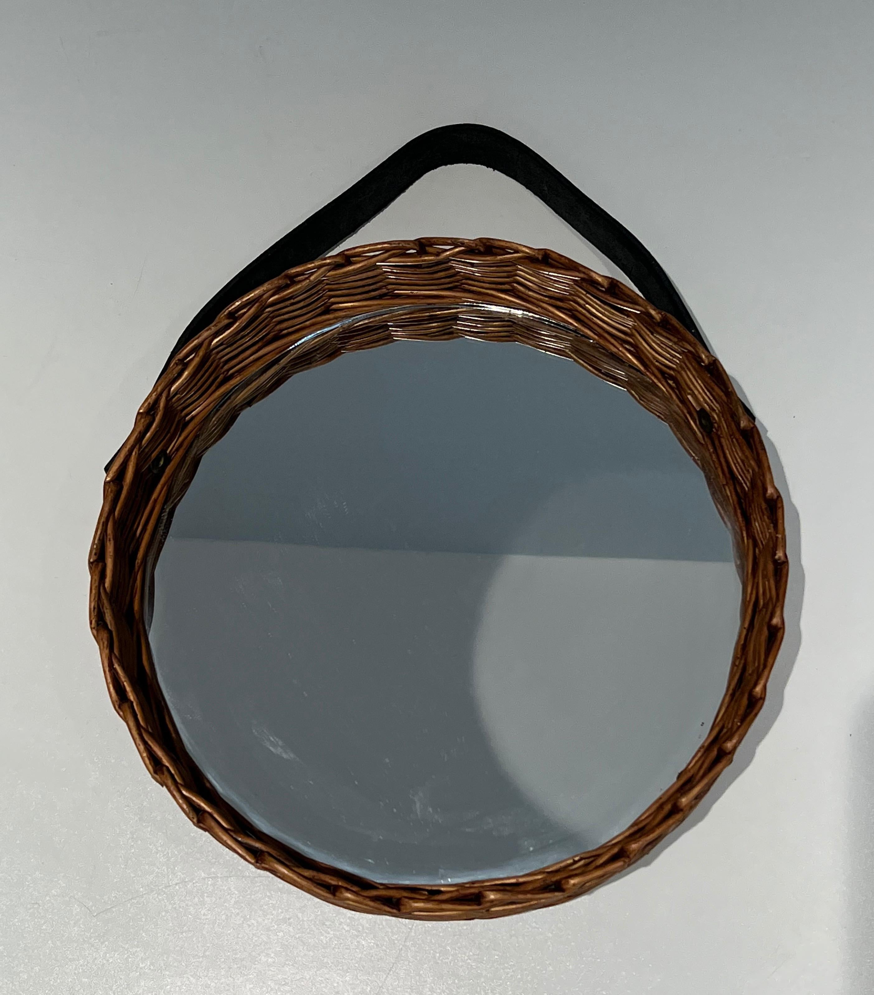 Rattan and Leather Round Mirror, French Work; circa 1950 For Sale 4