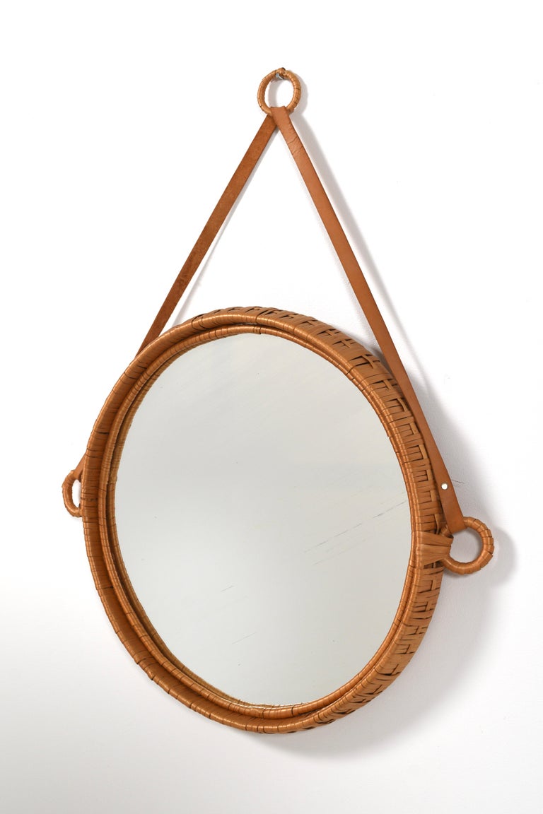 Rattan and Leather Wall Mirror Susanne by Bengt Ruda for IKEA